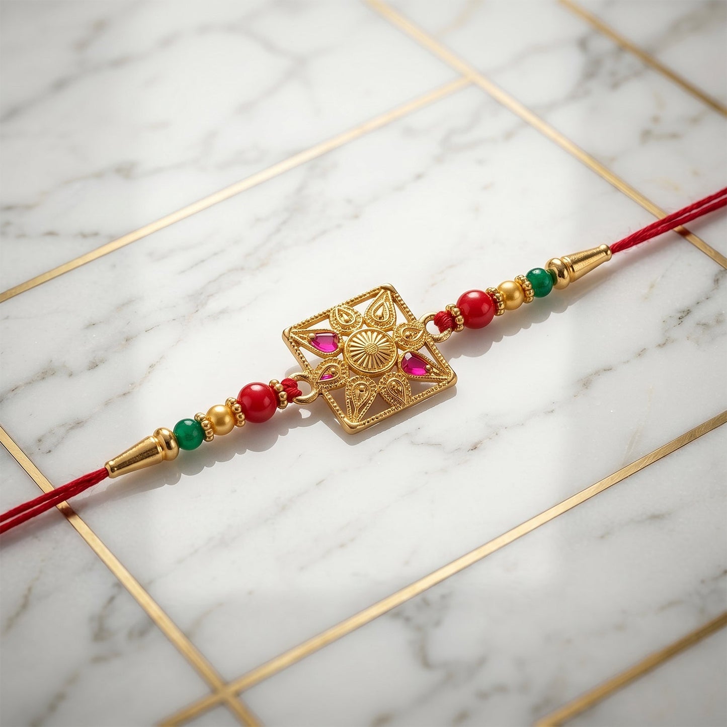 Festive rakhi with vibrant pink stones, colorful beads for brother’s gift