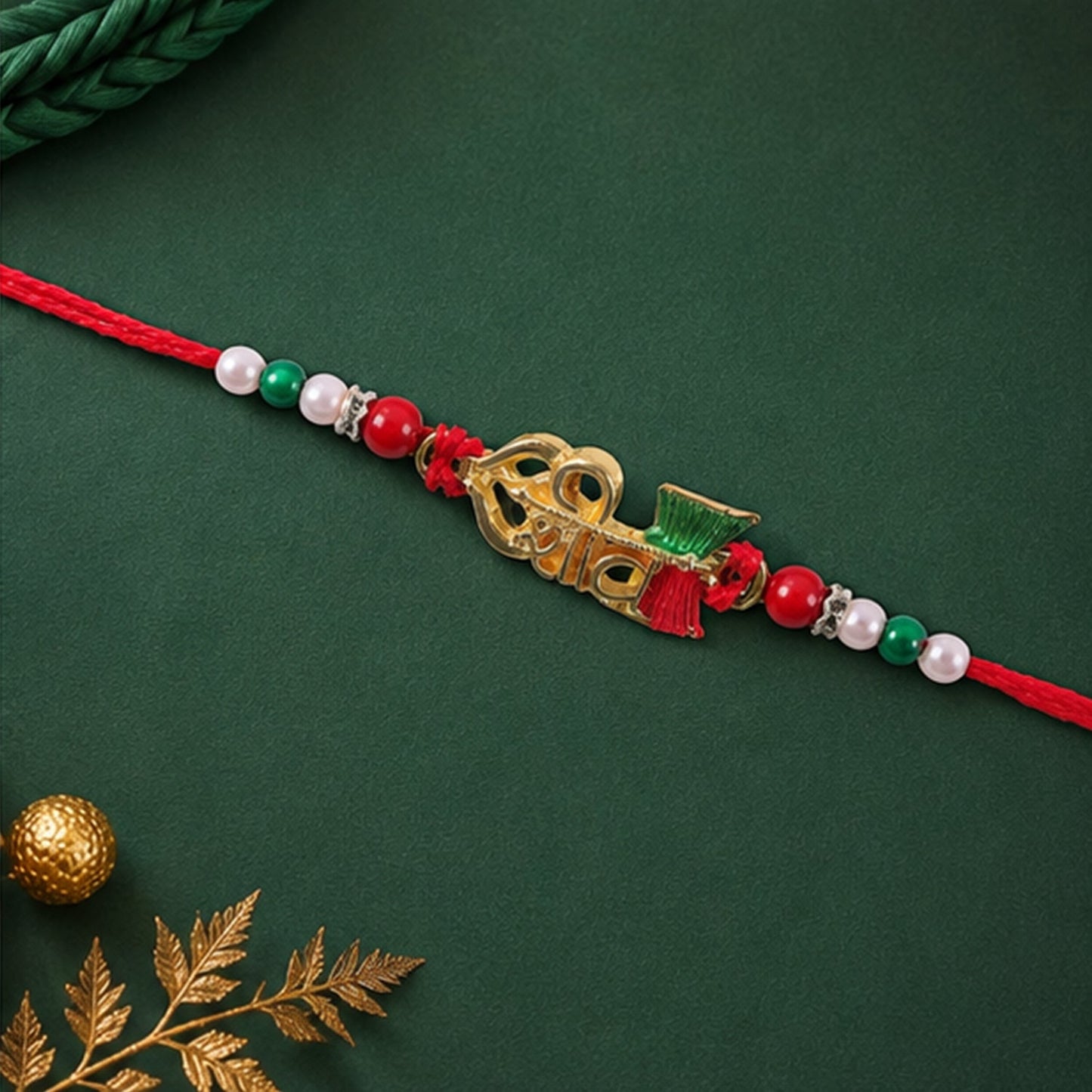 Back view of the Rakhi showing secure thread and bead arrangement.