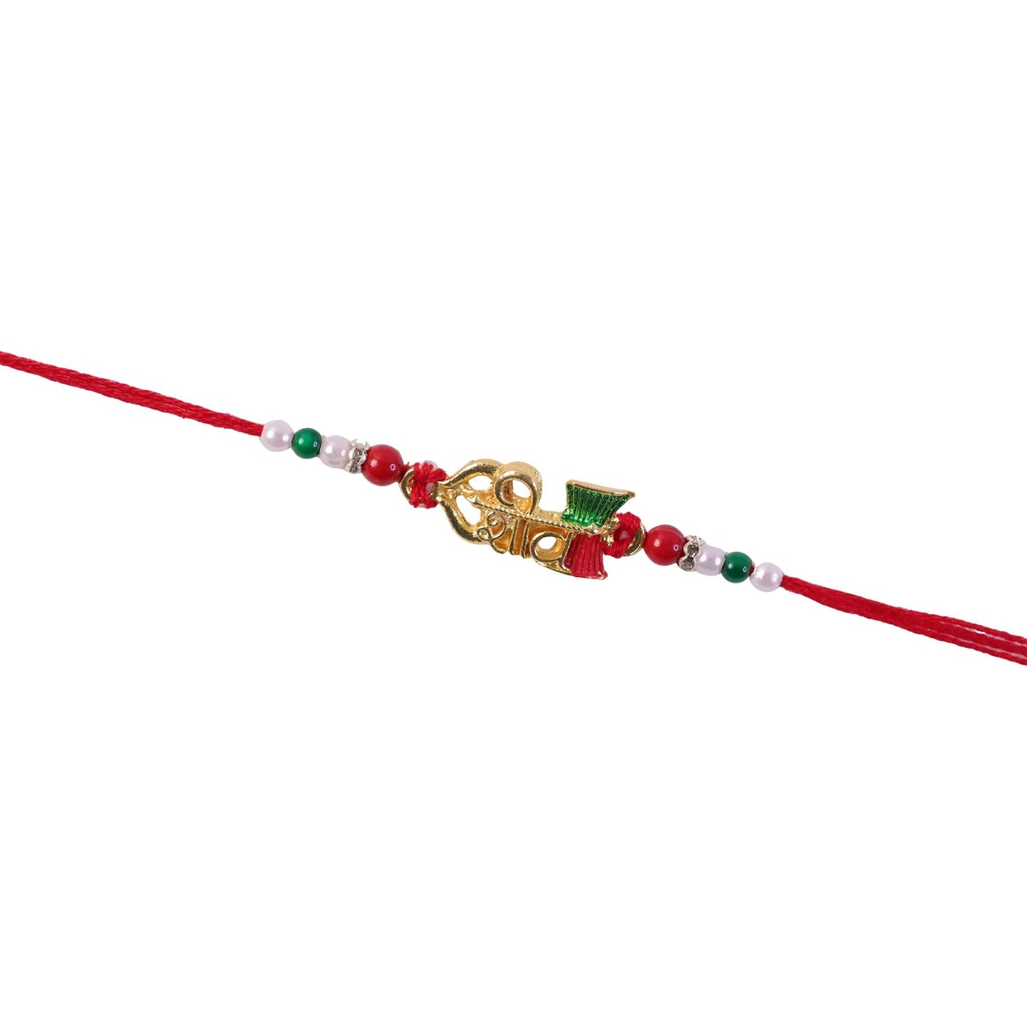 Golden Shiv Rakhi ready to be tied, highlighting its design and comfort.