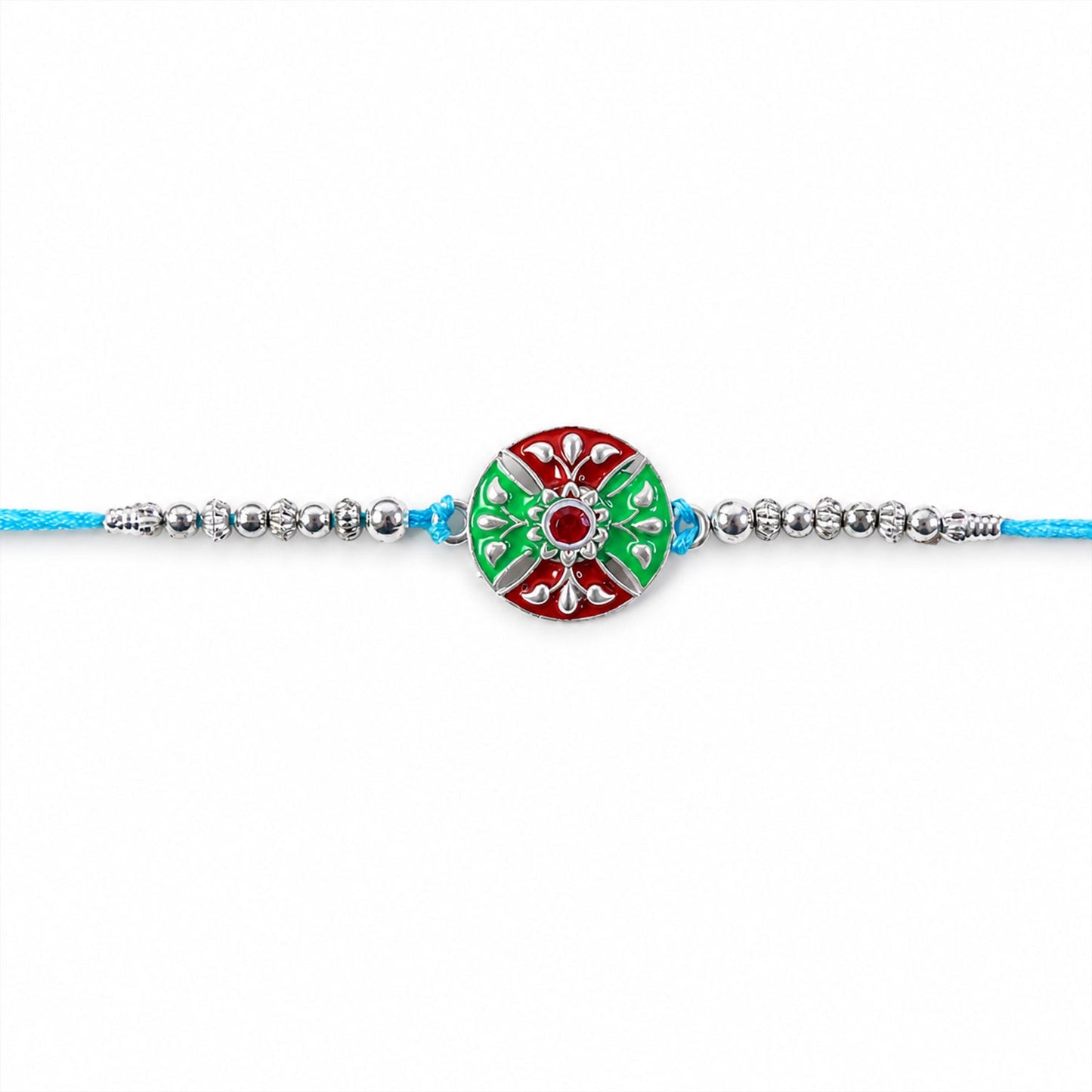 Detail view of silver beads and blue thread on Meenakari Rakhi