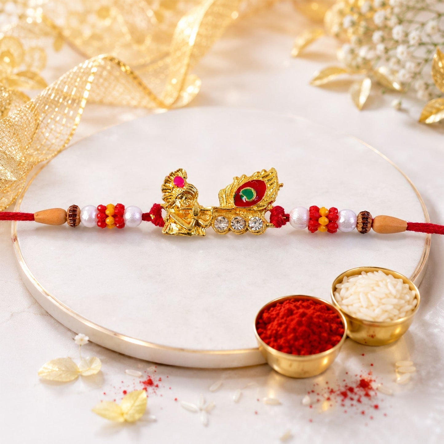 Elegant traditional Lord Krishna Rakhi for sibling gifting