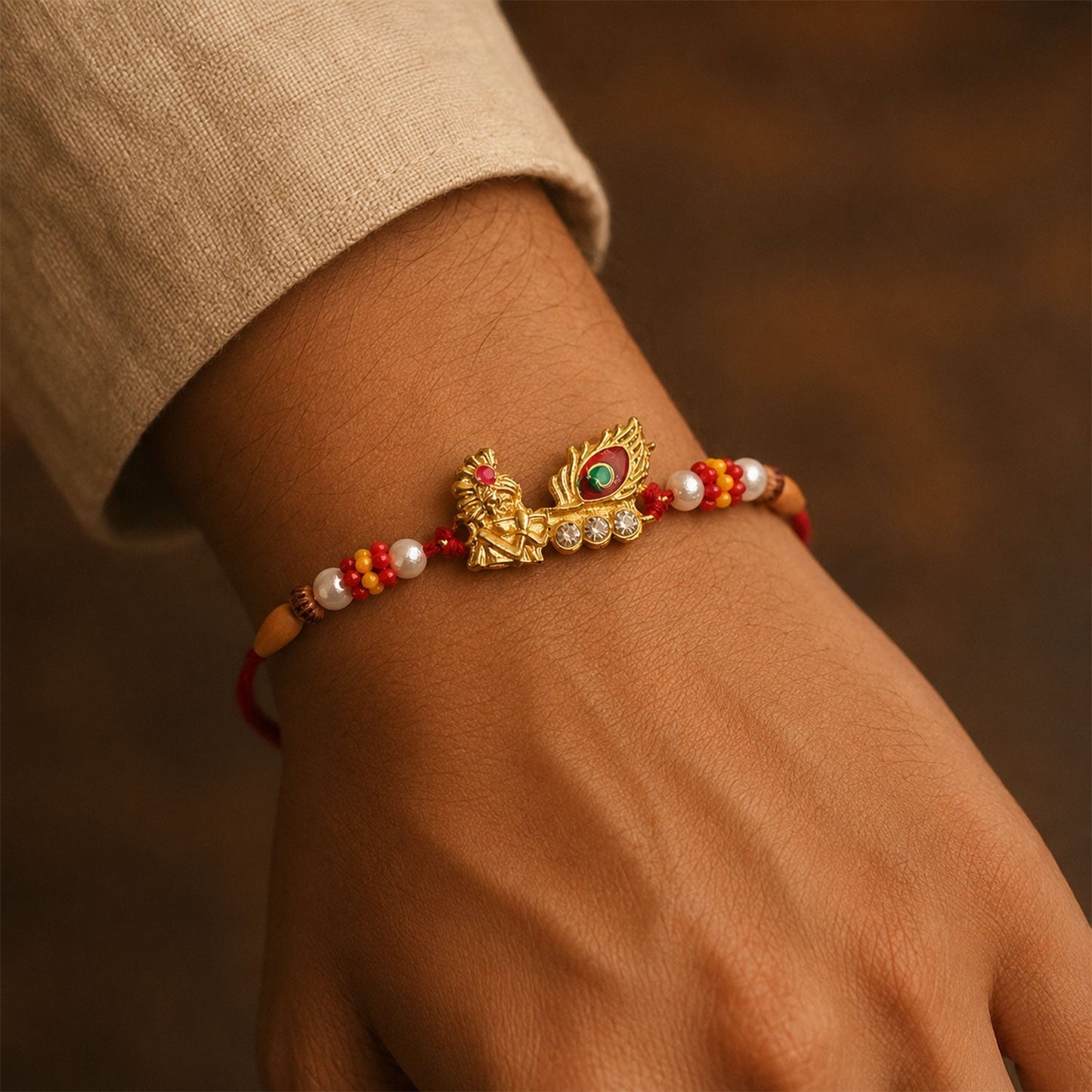 Festive Lord Krishna with peacock feather Rakhi for brother