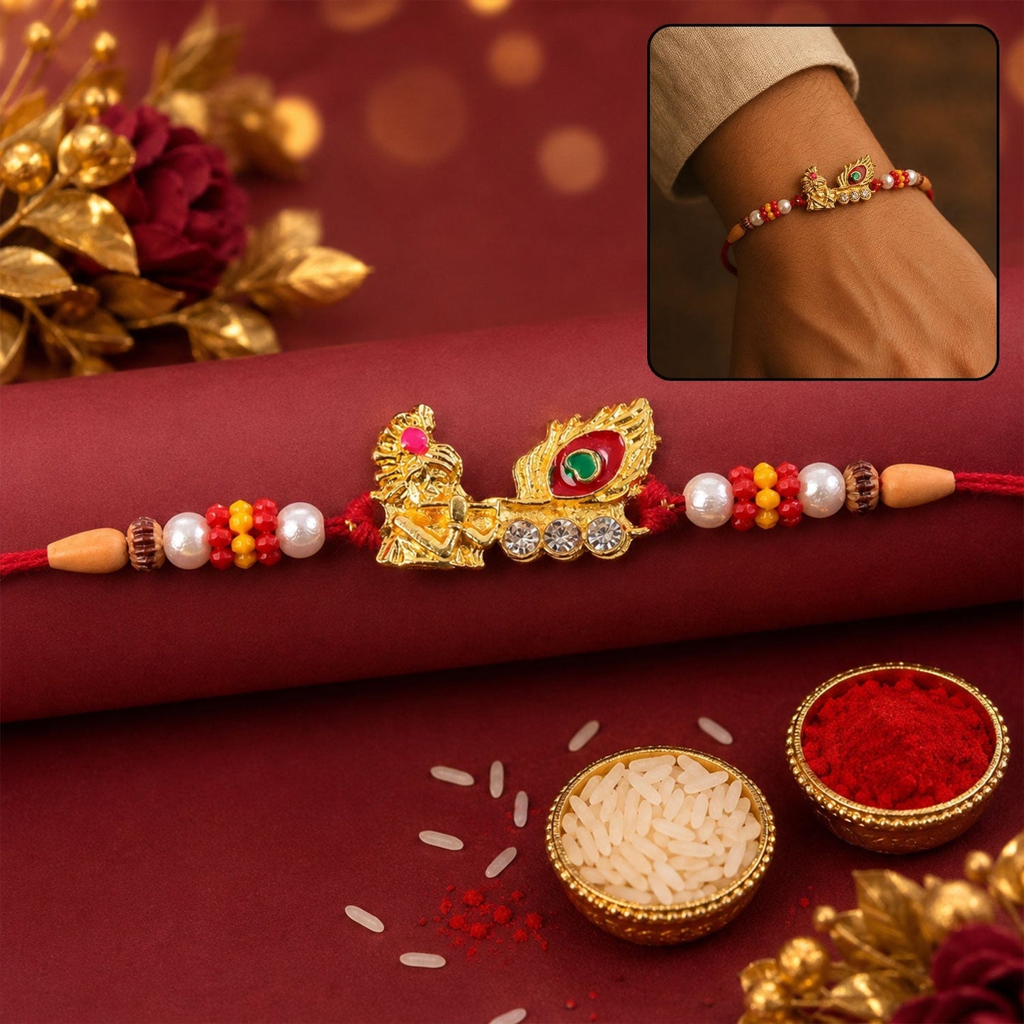 Lord Krishna Rakhi featuring idol and peacock feather for brother
