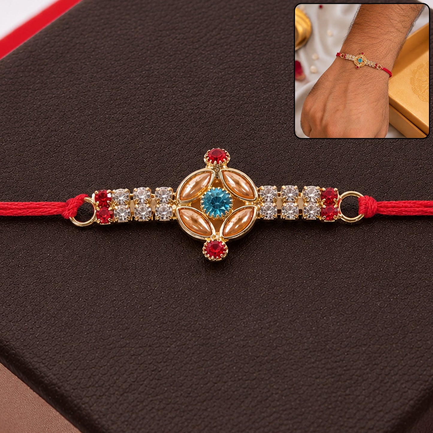 Close-up of a detailed gold Kundan Rakhi with turquoise stone and American Diamonds, showcasing craftsmanship.