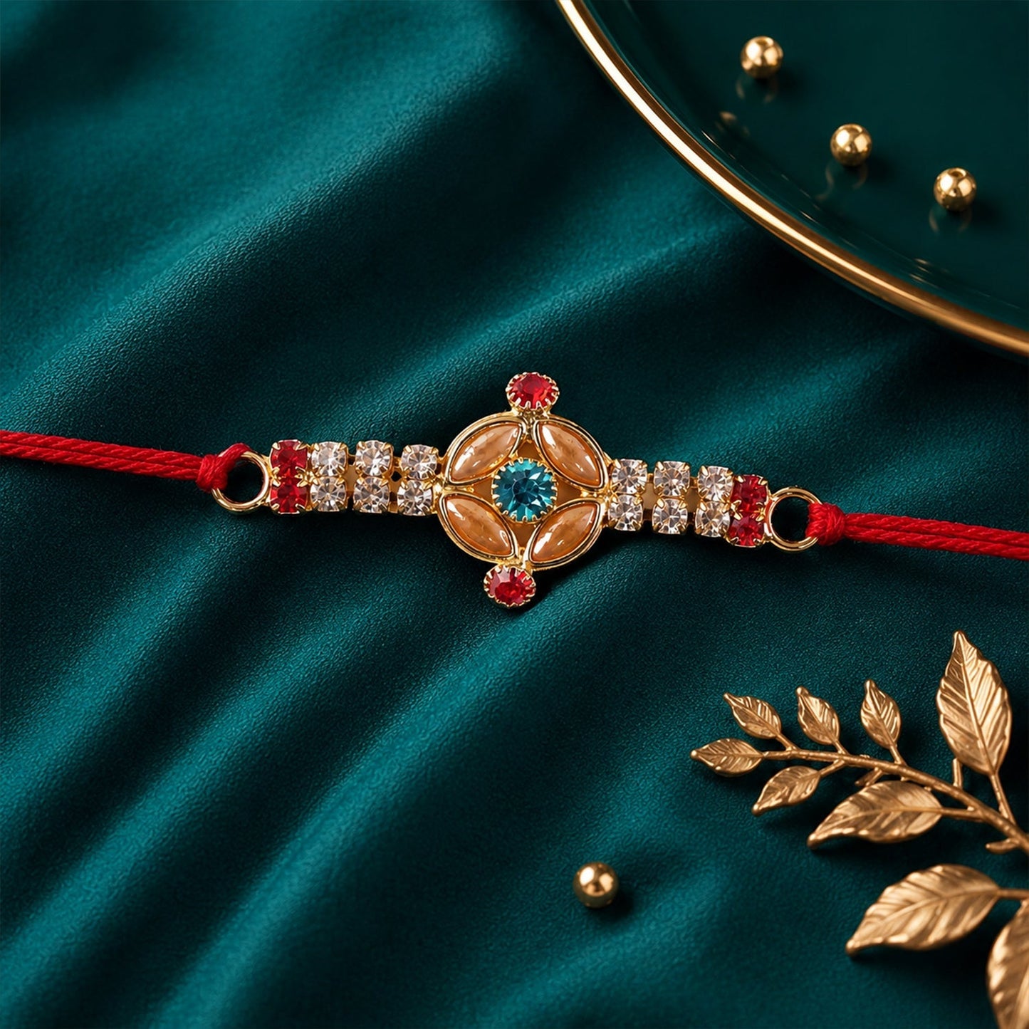 Side view of the designer Kundan Rakhi highlighting craftsmanship and sparkling AD details.