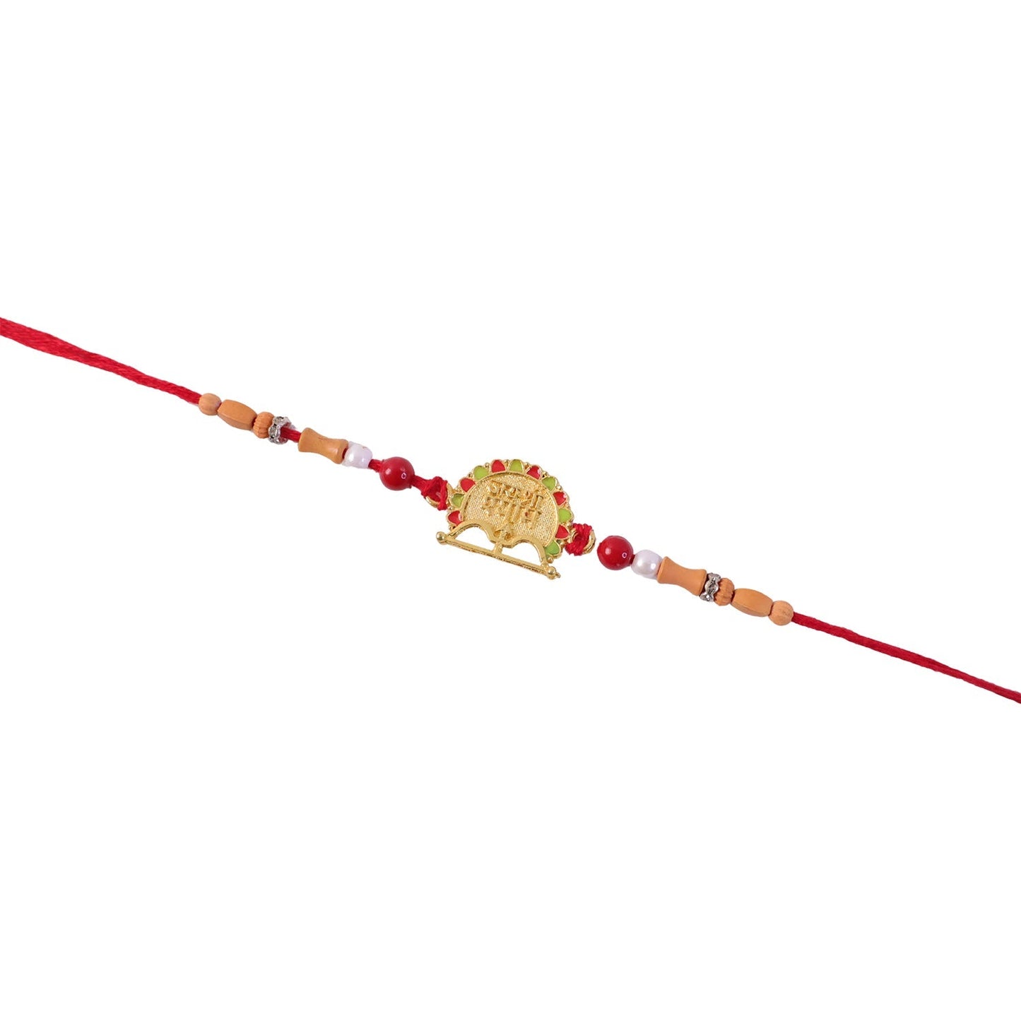 Golden sandalwood beads on designer Rakhi showcasing craftsmanship.