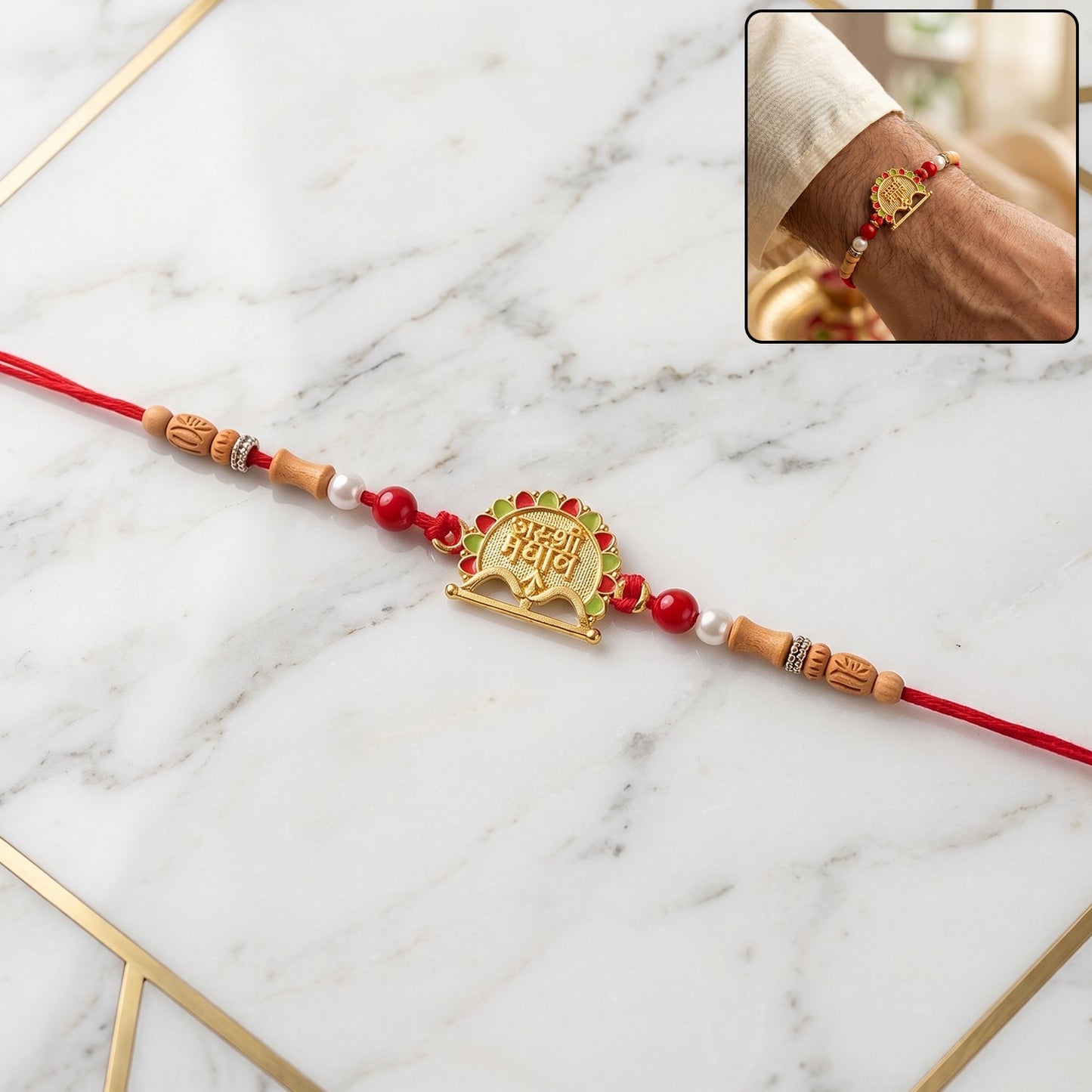 Traditional Meenakari Rakhi with golden sandalwood beads, front view.