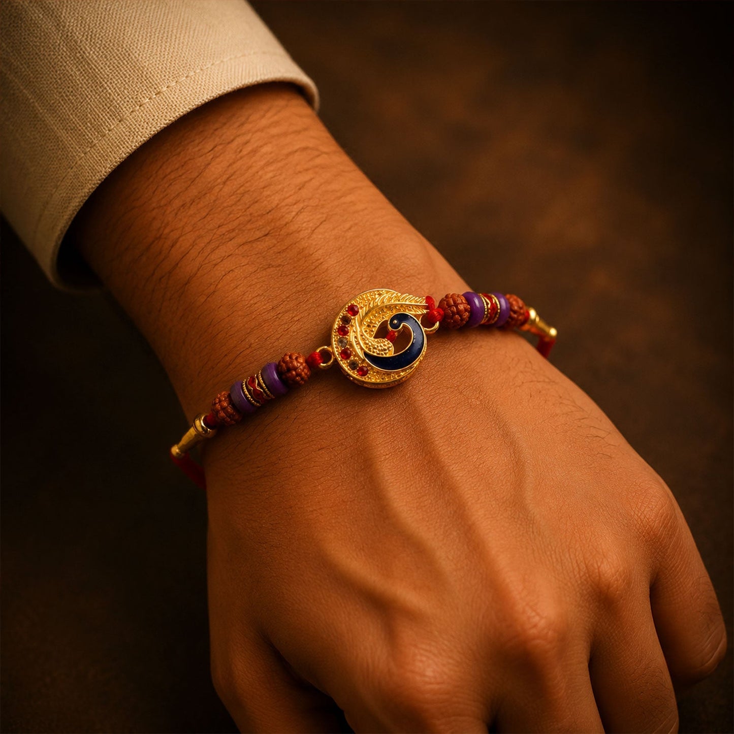 Close-up of Rudraksha beads and Meenakari design on the Rakhi.