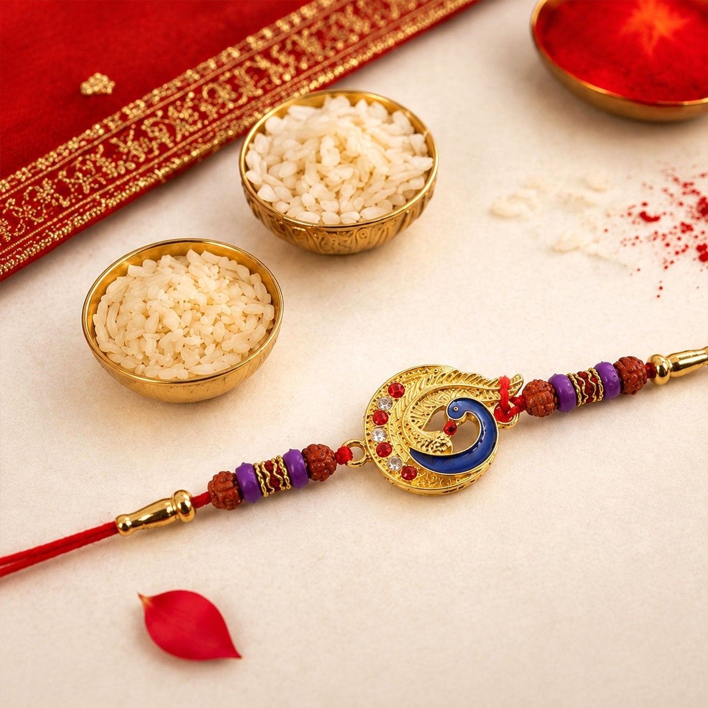 Detailed craftsmanship of thread and Meenakari work of the Rakhi.