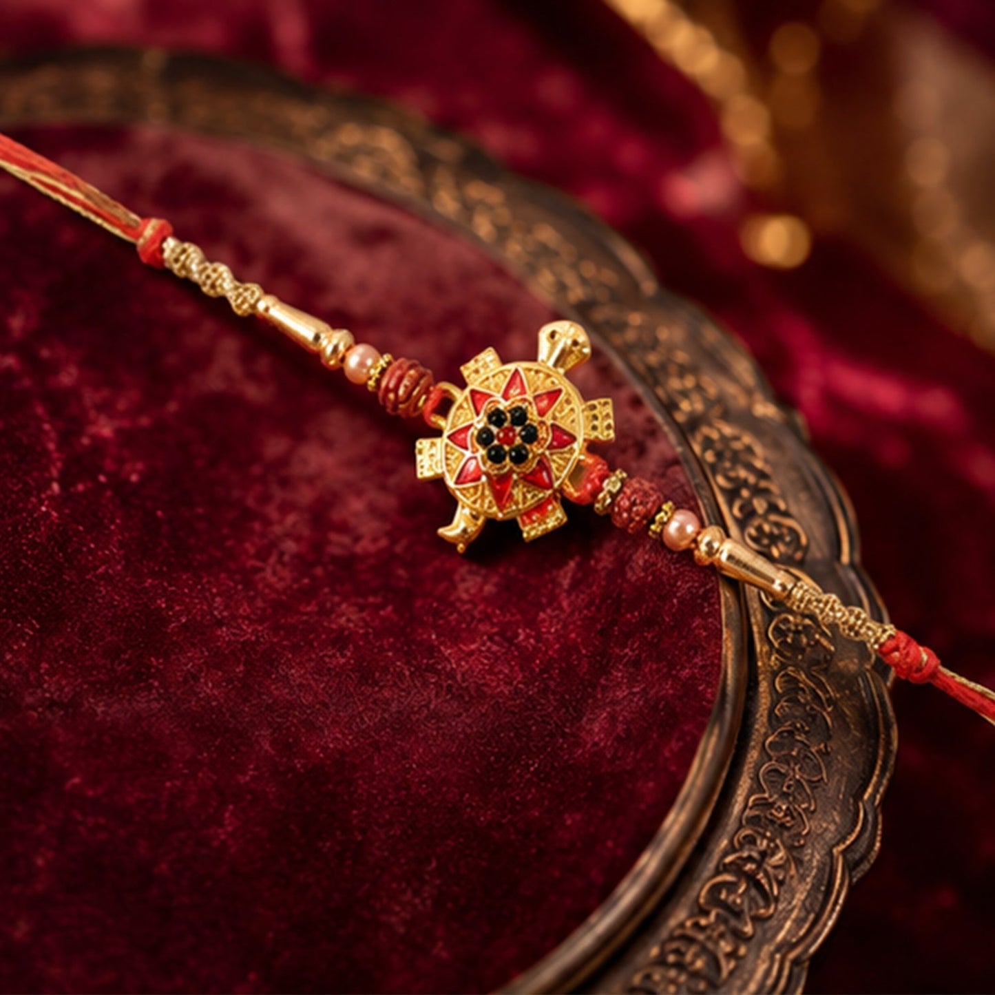Person wearing the Golden Tortoise Rakhi on wrist, showcasing fit and design.