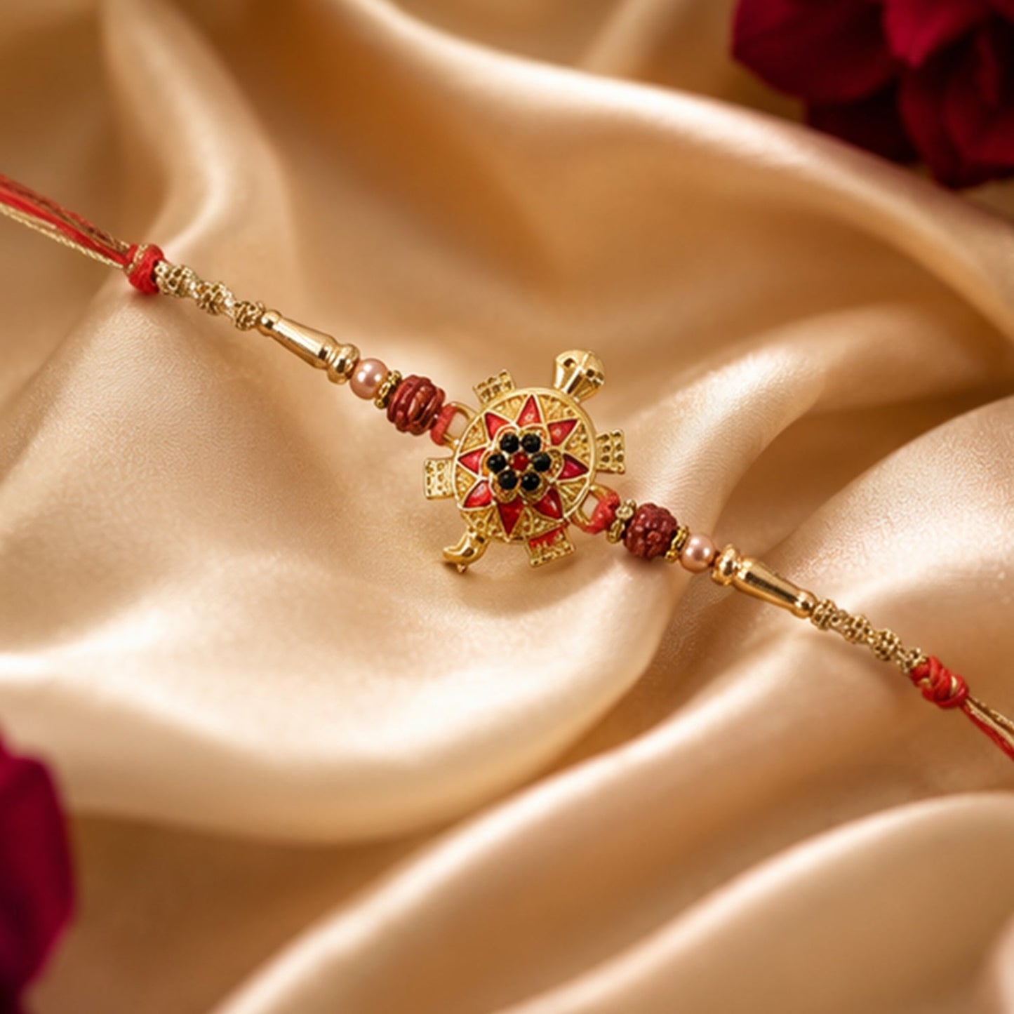 Golden Tortoise Rakhi in packaging, ready for gifting.