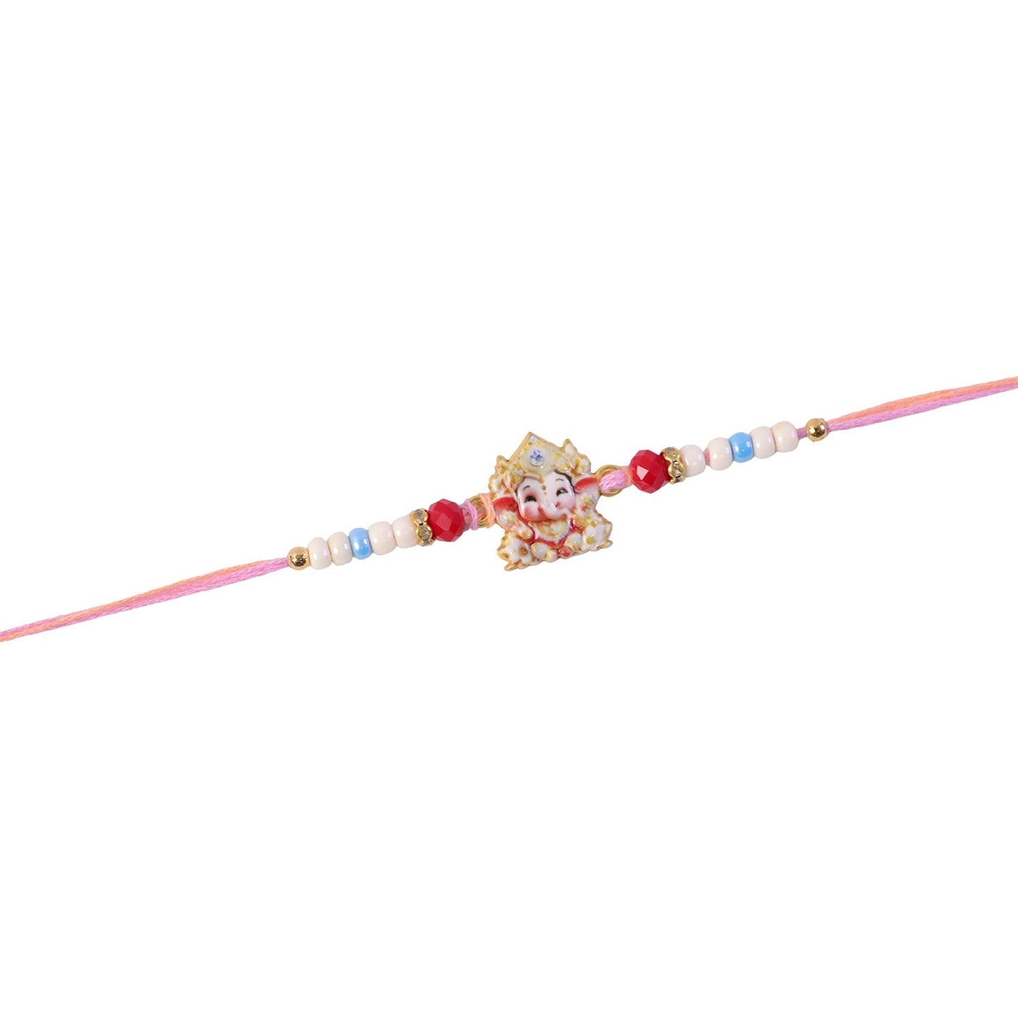 Detail view of colourful beads and golden Ganesha motif on the Rakhi.