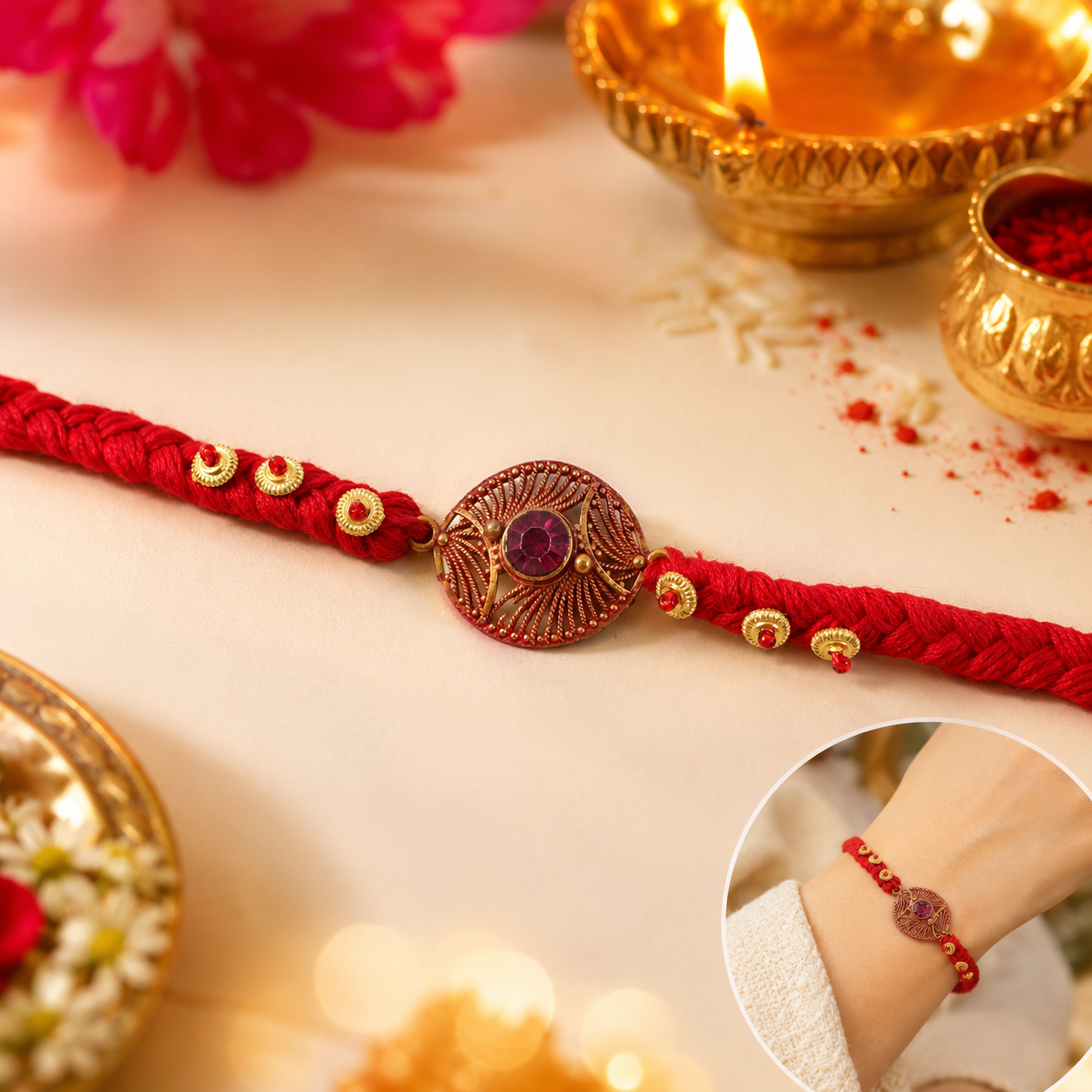 Handcrafted Rakhi for Brother with purple stone centerpiece and woven thread detailing.