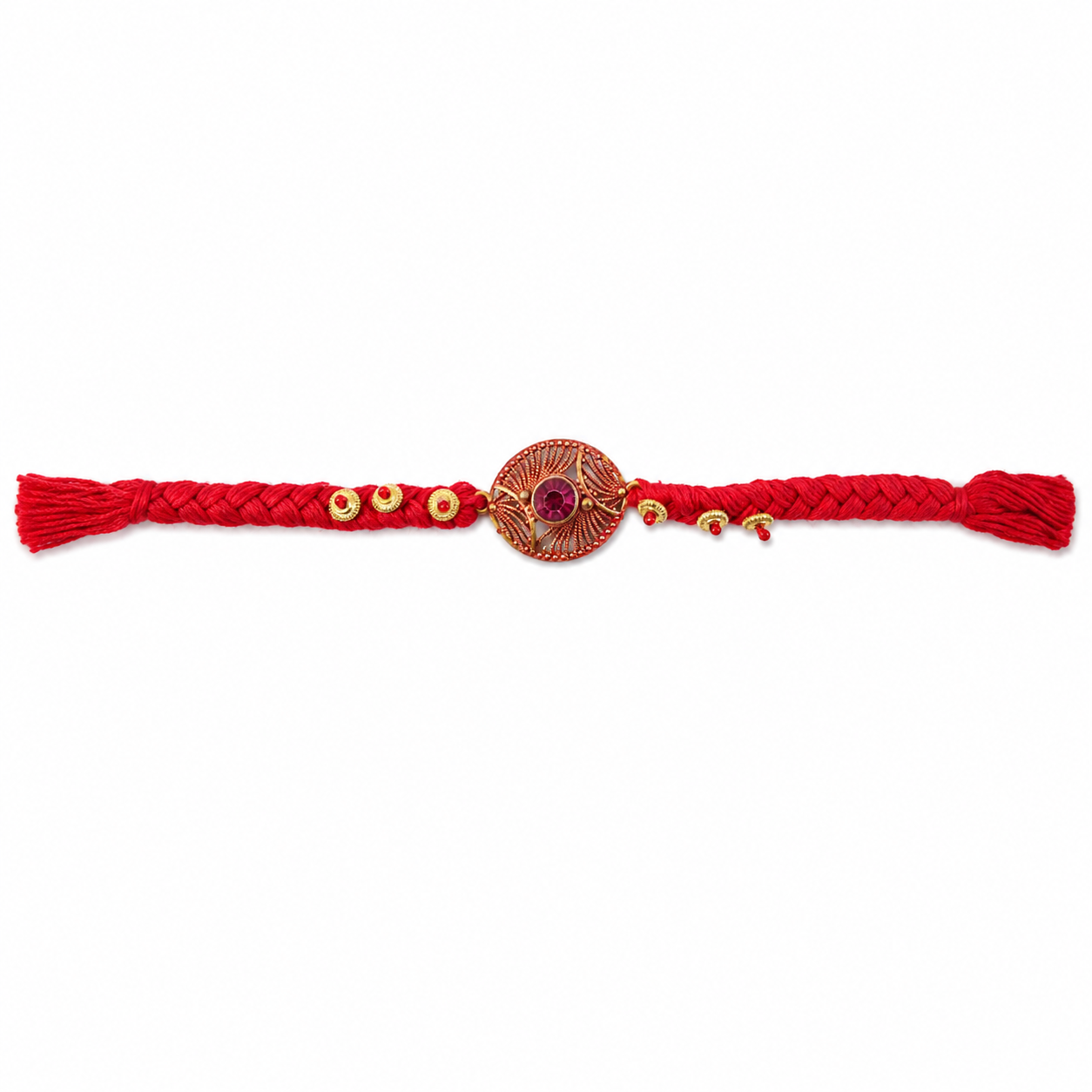 Vibrant purple stone centerpiece on the traditional woven thread Rakhi.