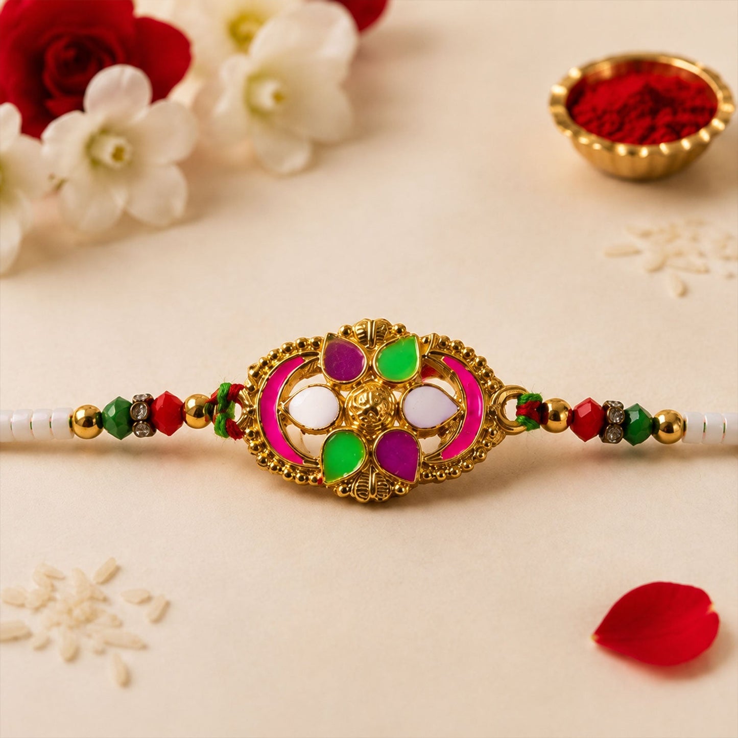 Designer Meenakari Rakhi with gift envelope, perfect for Raksha Bandhan.
