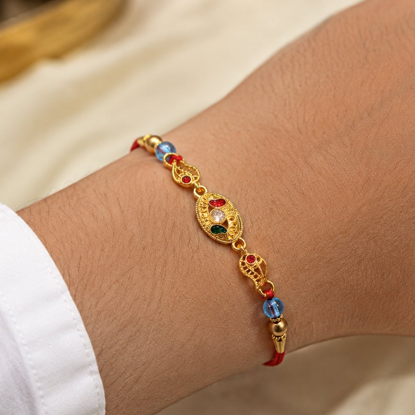 Beautifully displayed AD Stone Rakhi for Raksha Bandhan celebrations.