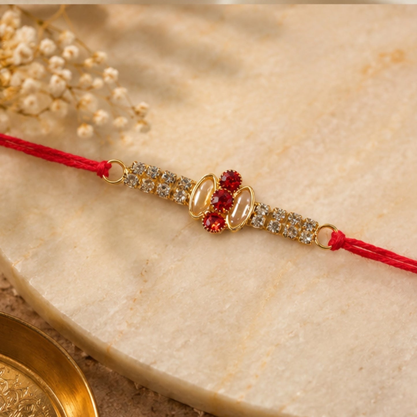 Detailed view of AD studded band on gold Rakhi