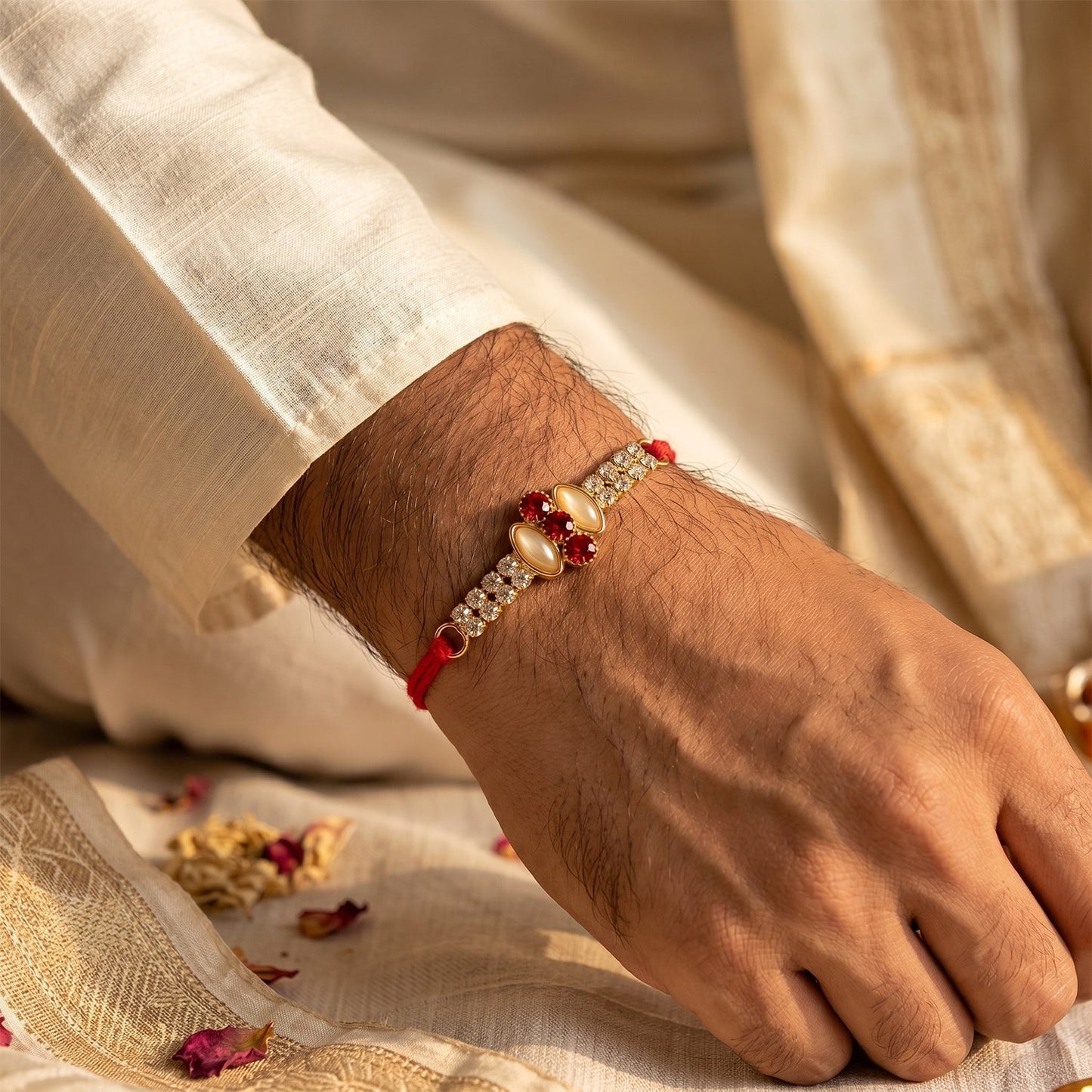 Gold Rakhi with pink stone & AD studs tied on a brother's wrist