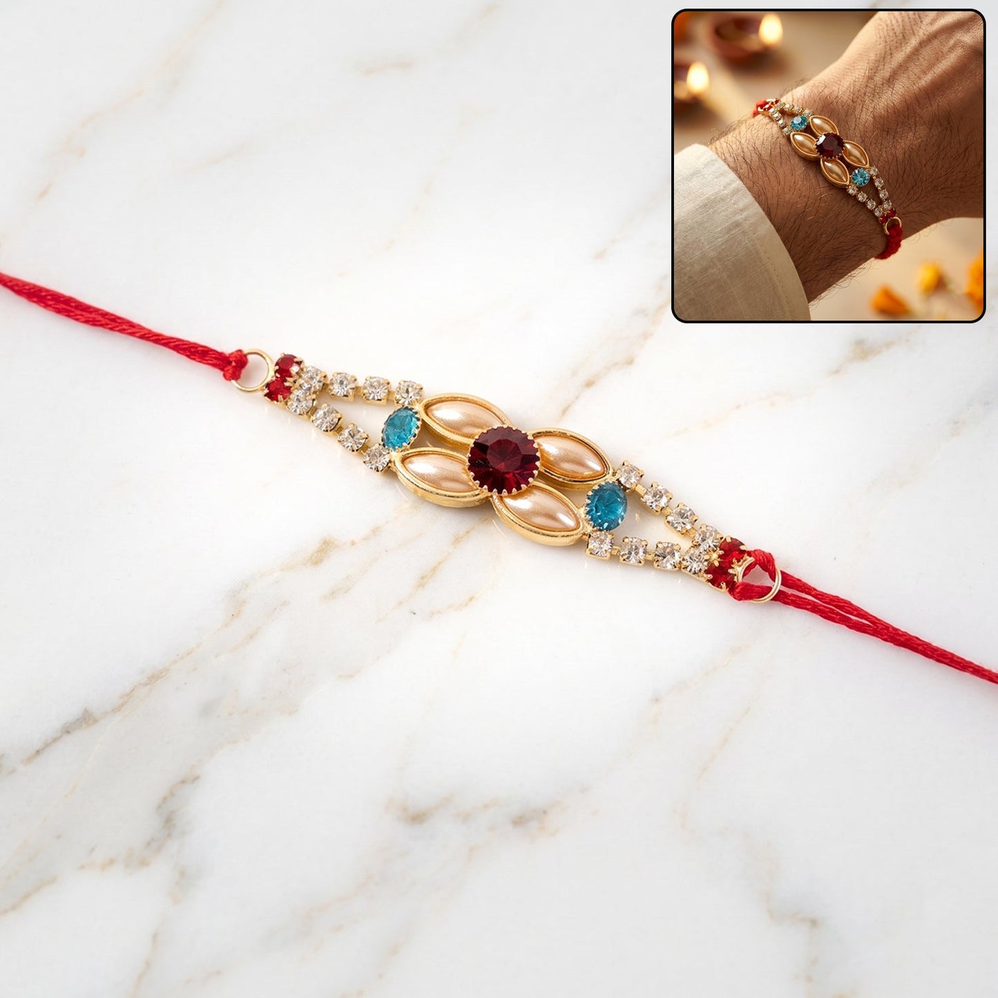 Close-up of the elegant AD Stone Rakhi with floral design and sparkling stones.
