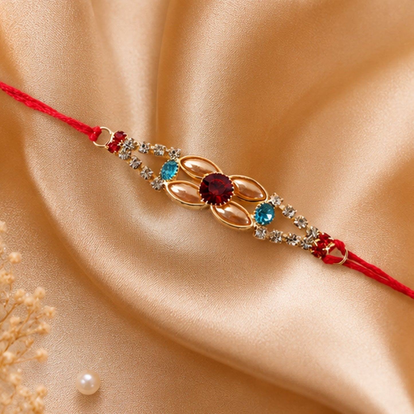Designer AD Stone Rakhi with gold and silver finish, detailed craftsmanship.