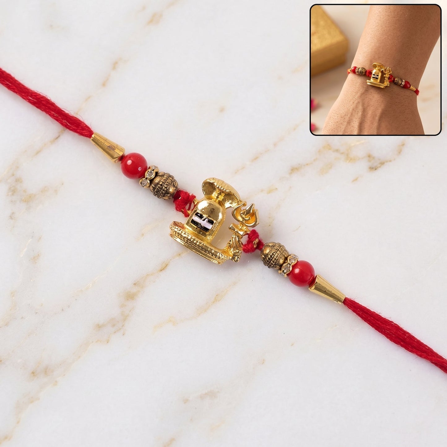 Shivling Rakhi placed on a festive background, ready for gifting to a brother.