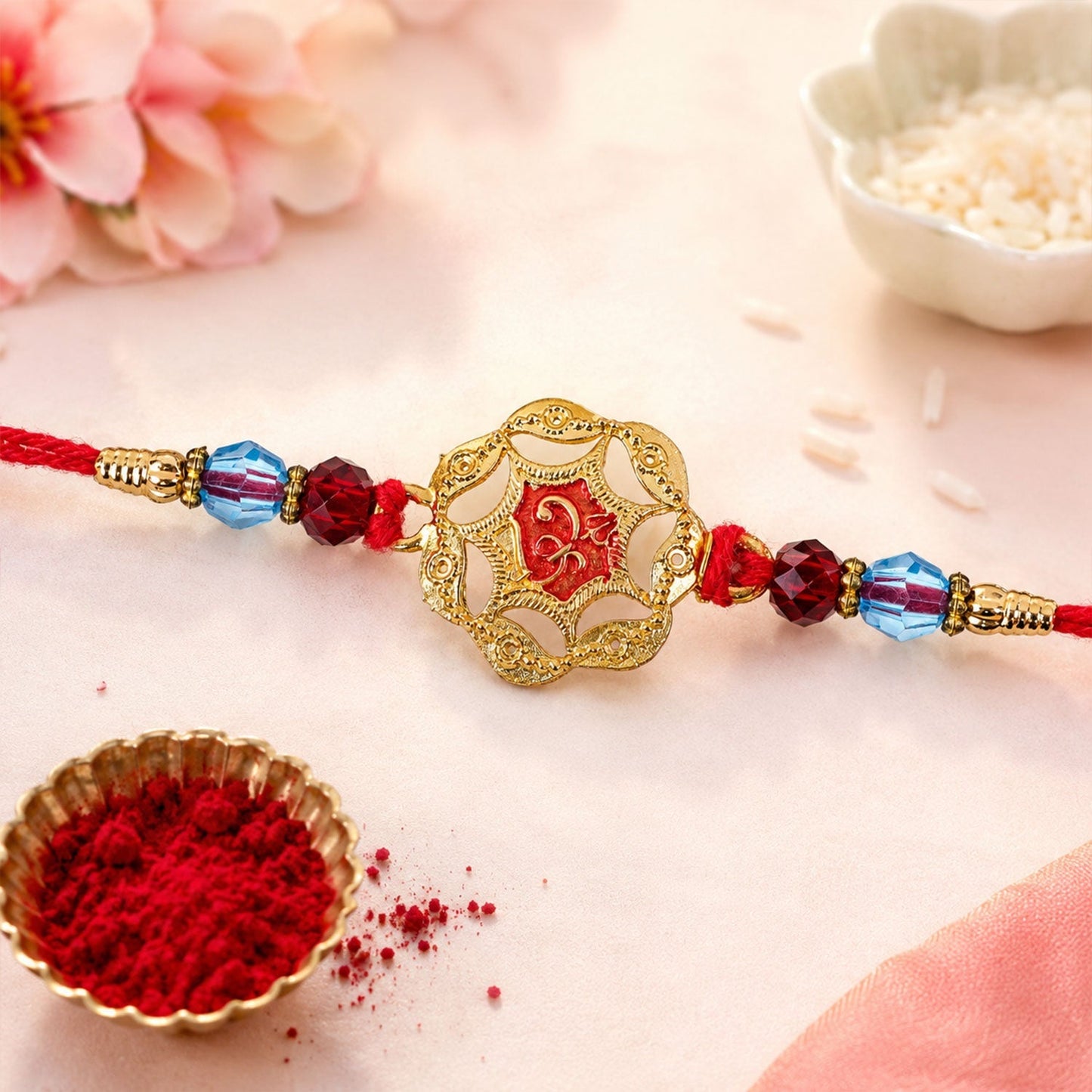 Close-up of the intricate golden floral design and red crystal beads on the designer Rakhi.