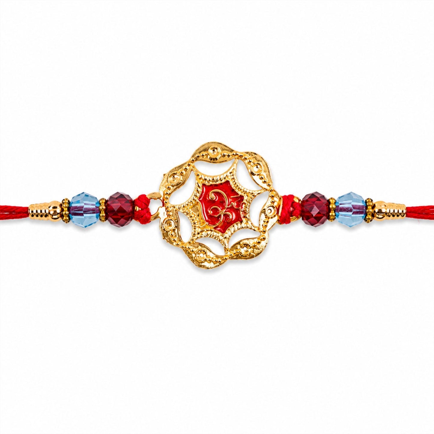 Back view of the Golden Floral Rakhi, showing the comfortable tie thread.