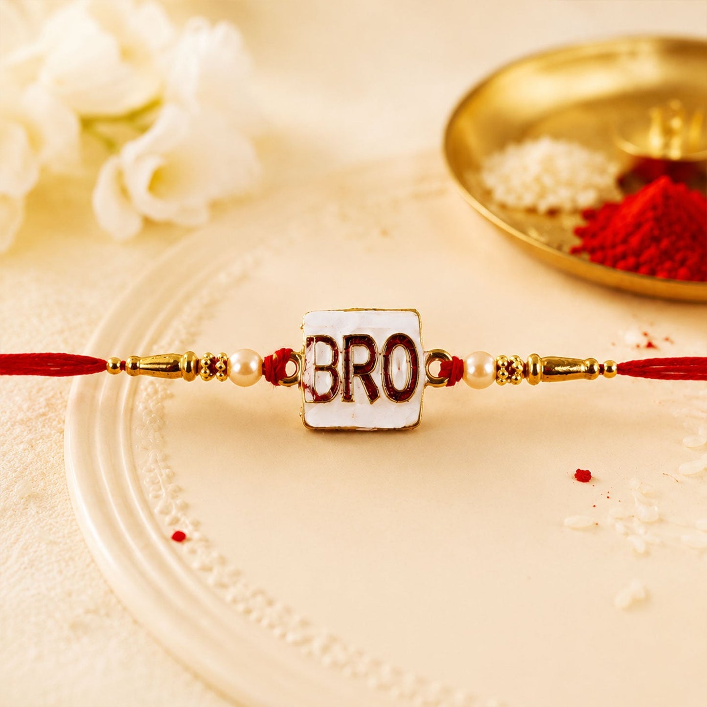 Side view of the 'BRO' text rakhi, suitable for Raksha Bandhan.
