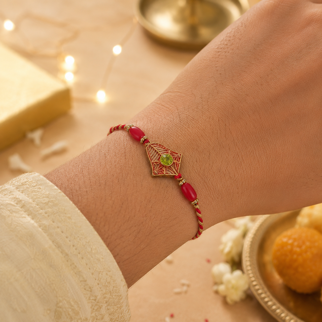 Top view of golden floral green stone Rakhi for Raksha Bandhan.
