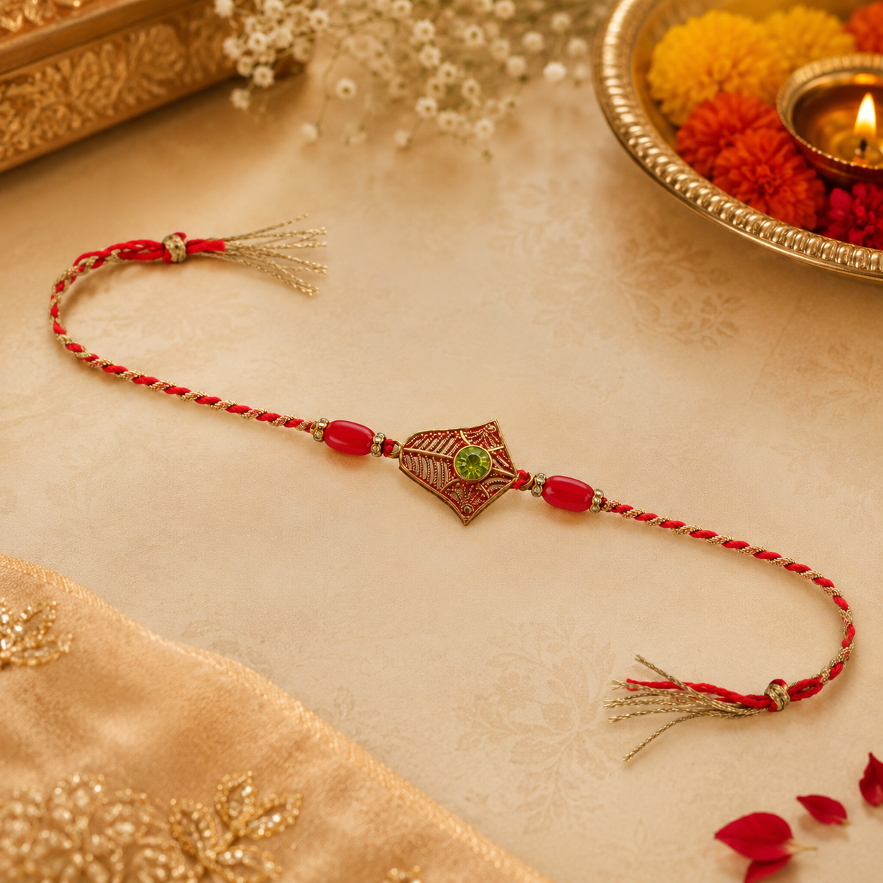 Elegant green stone Rakhi with intricate details for brother.