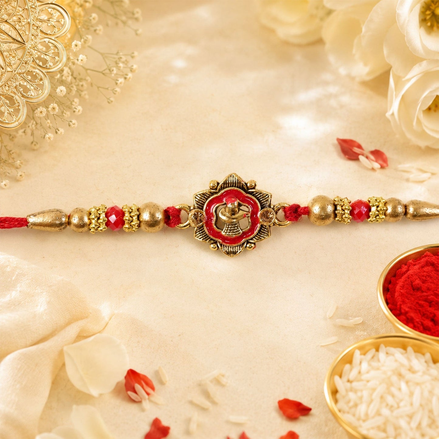 Side view of the golden floral Meenakari Rakhi, highlighting its finish.