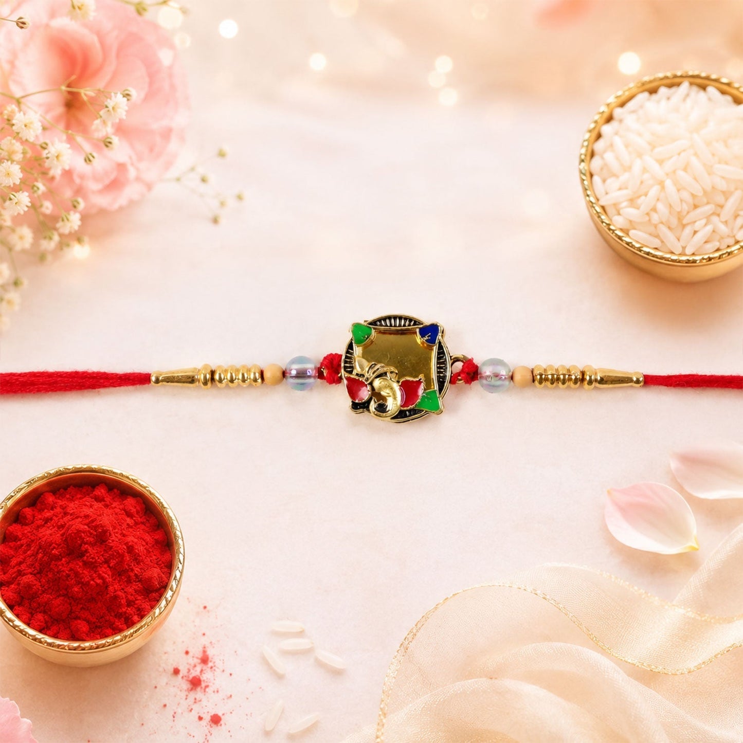 Stylish golden elephant Rakhi tied on a wrist for Raksha Bandhan.