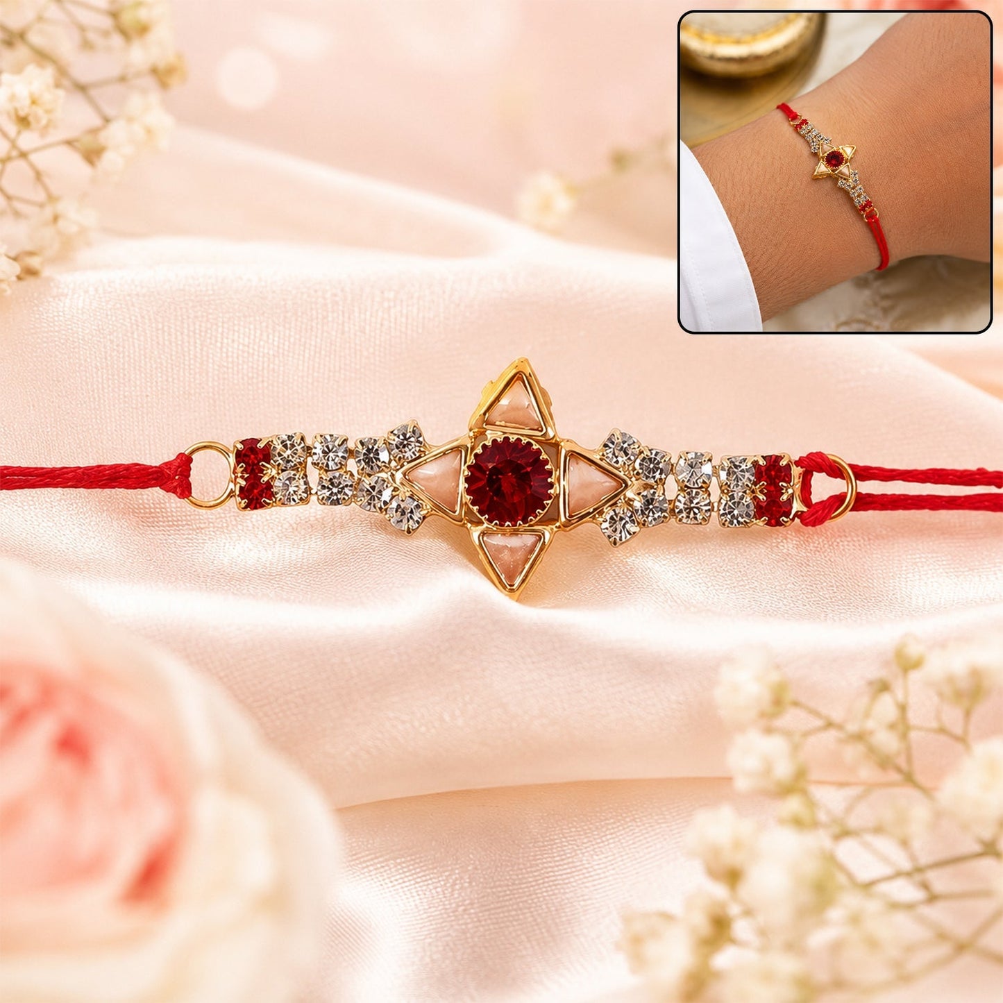 Sparkling gold Marquise AD stone Rakhi for brother with intricate design.