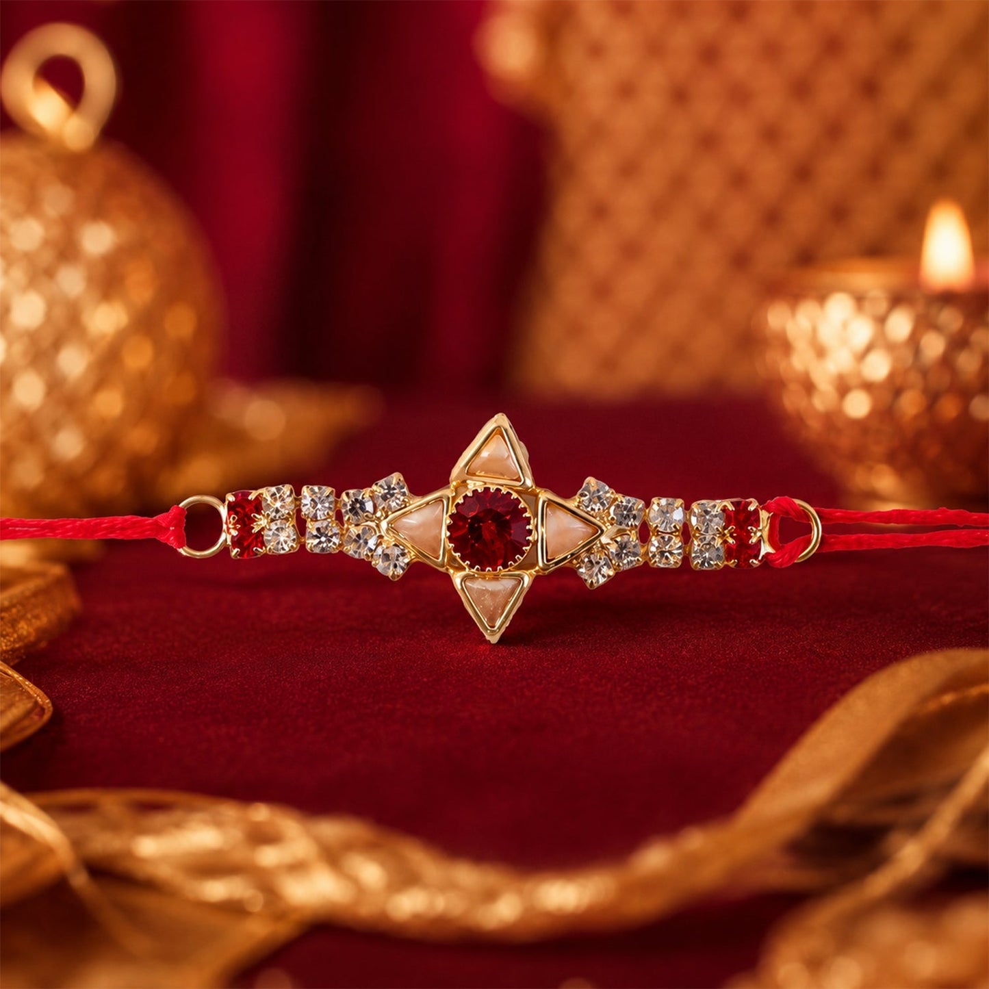 Rakhi tied on a wrist, showcasing gold and red stones.