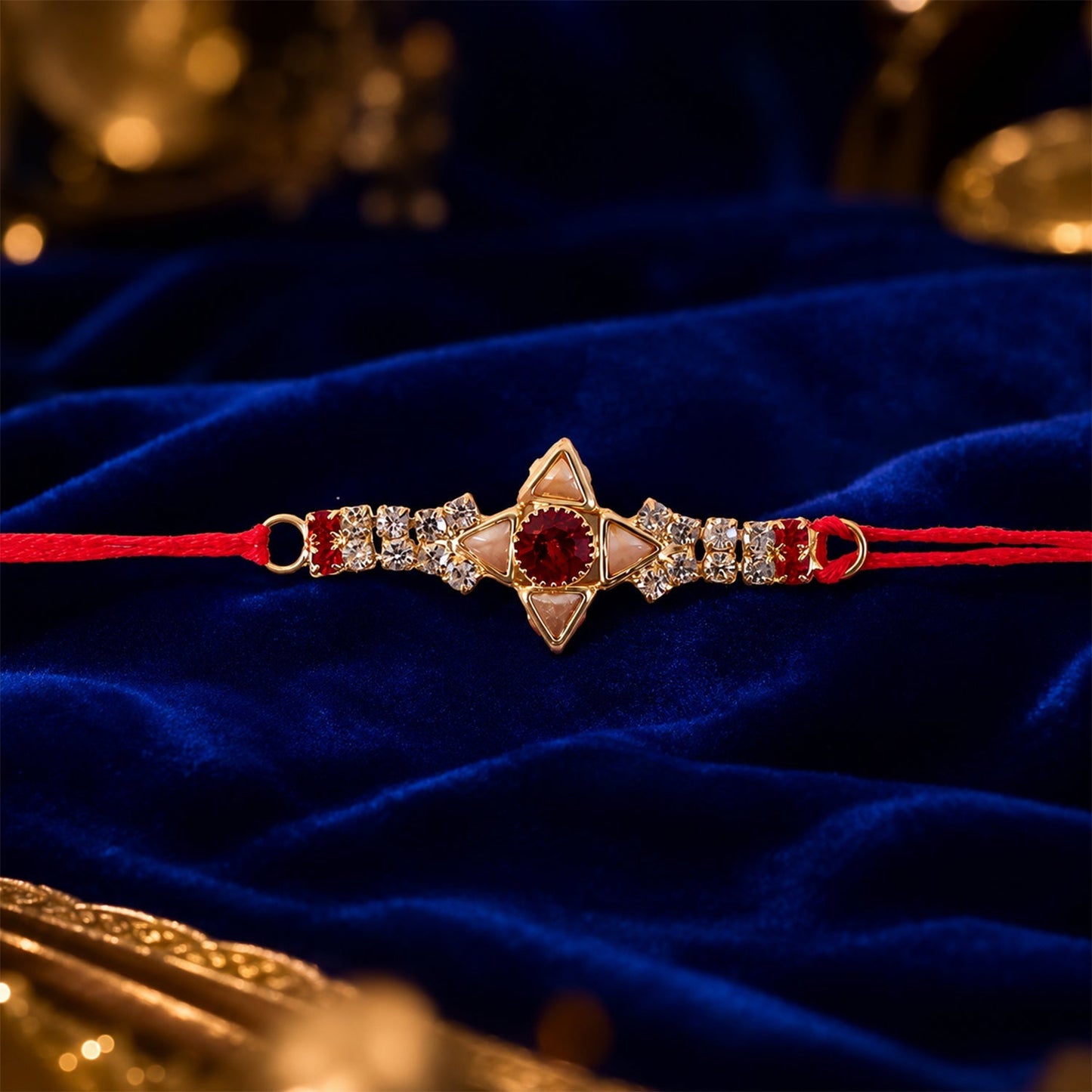 Elegant gold Marquise Rakhi displayed with festive background.