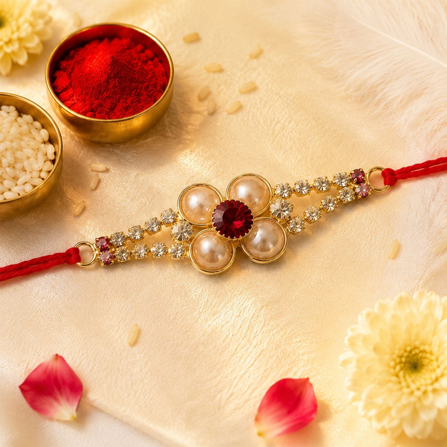 Traditional Rakhi with AD stones and gold pearls for Rakshabandhan.