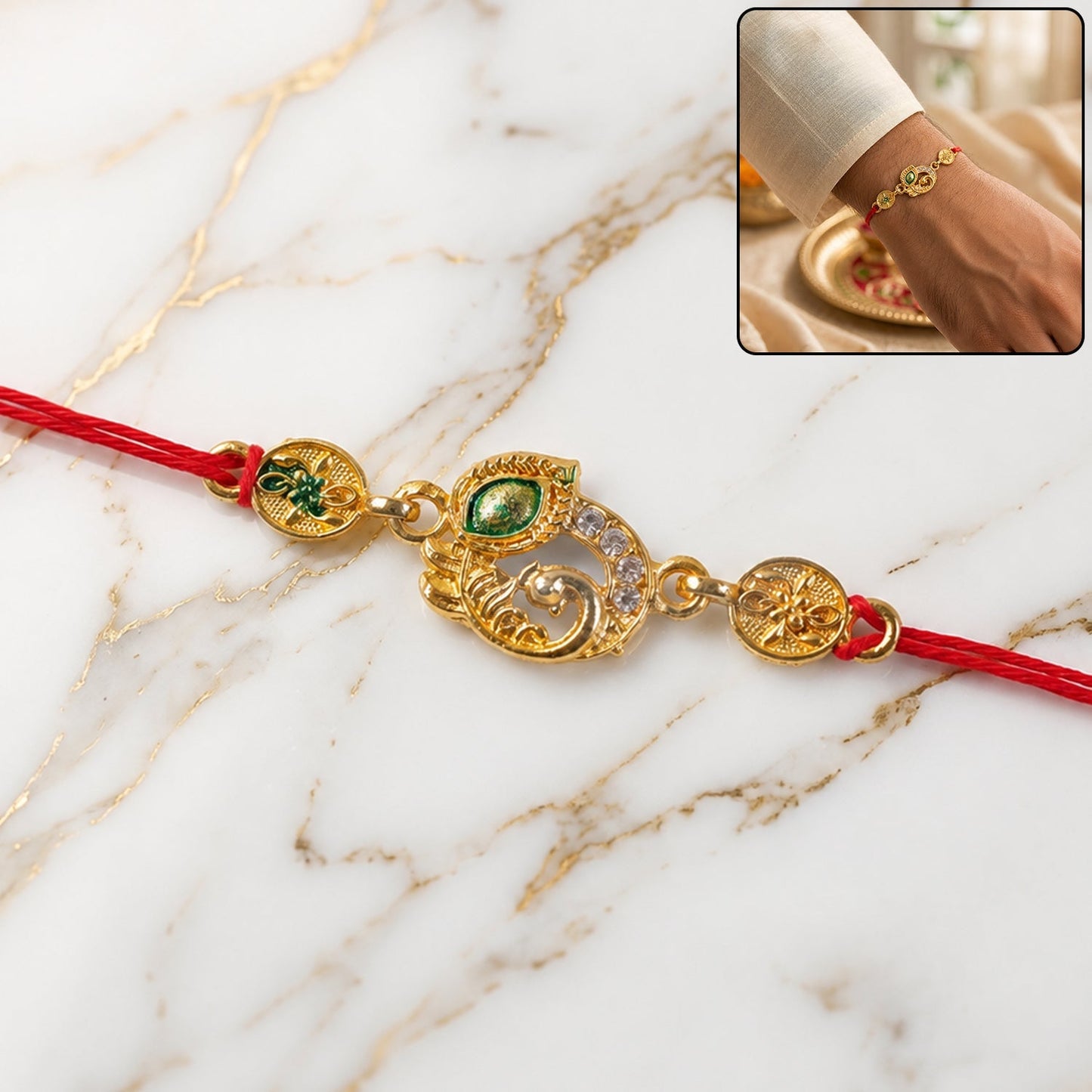 Golden Peacock Meenakari Rakhi with AD stones, showcasing intricate design for Raksha Bandhan.