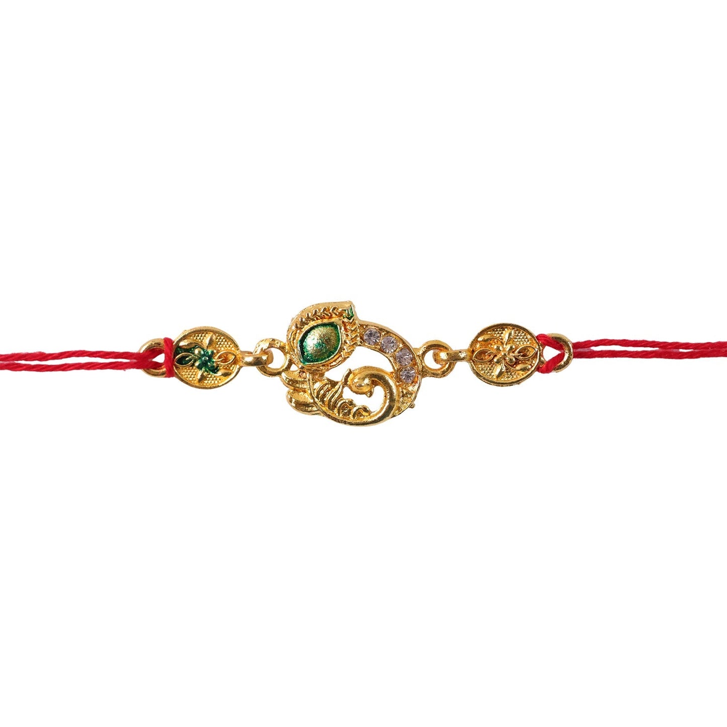 Red thread of the Meenakari Rakhi, ready to be tied on a wrist.