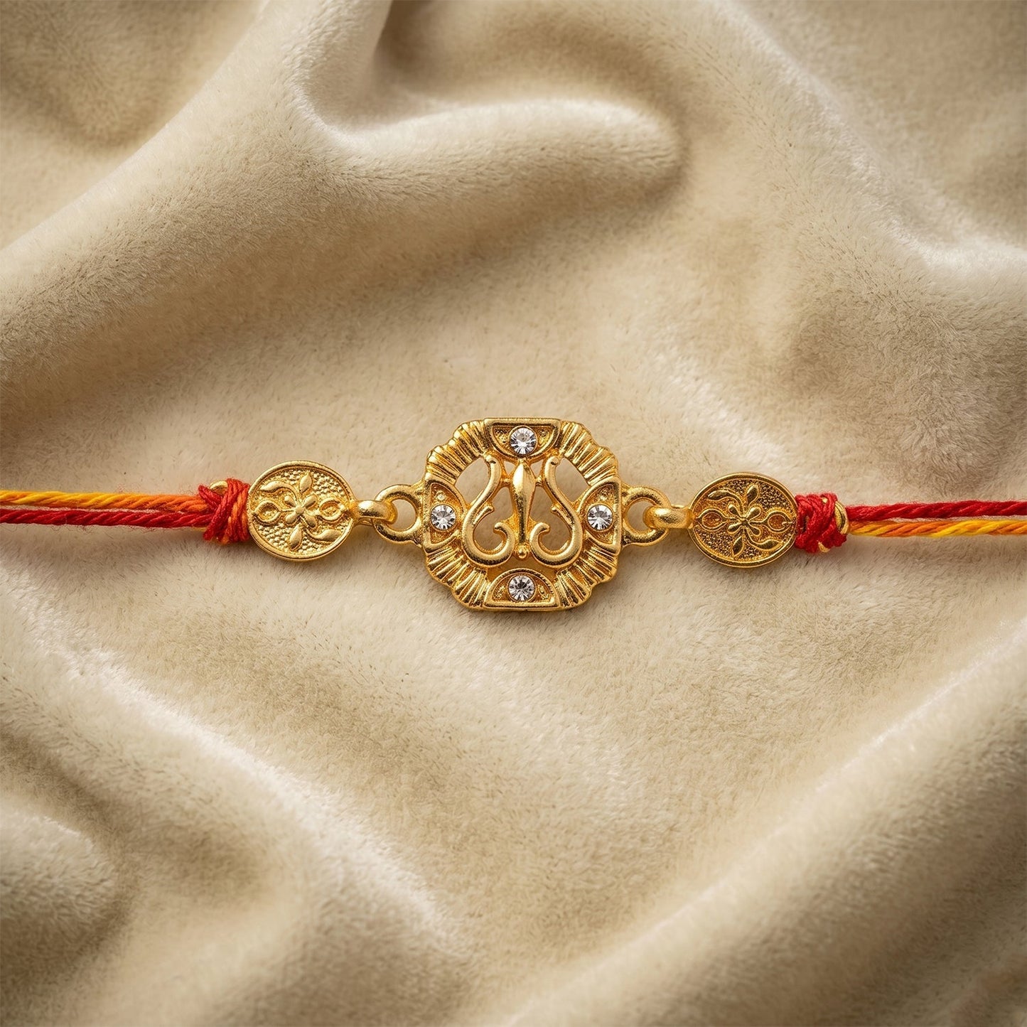 Side view of the Golden Om Rakhi, highlighting its delicate thread and metallic details.