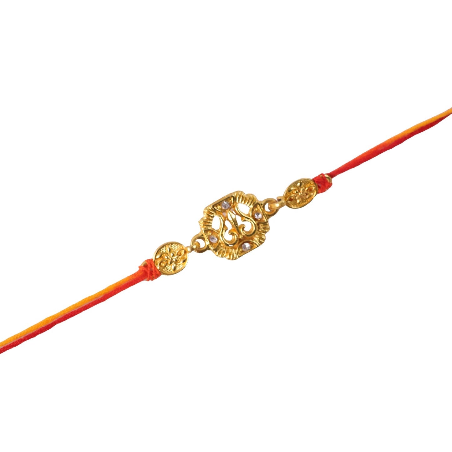 Golden Om and leaf design rakhi, presented with its comfortable, soft tying thread.