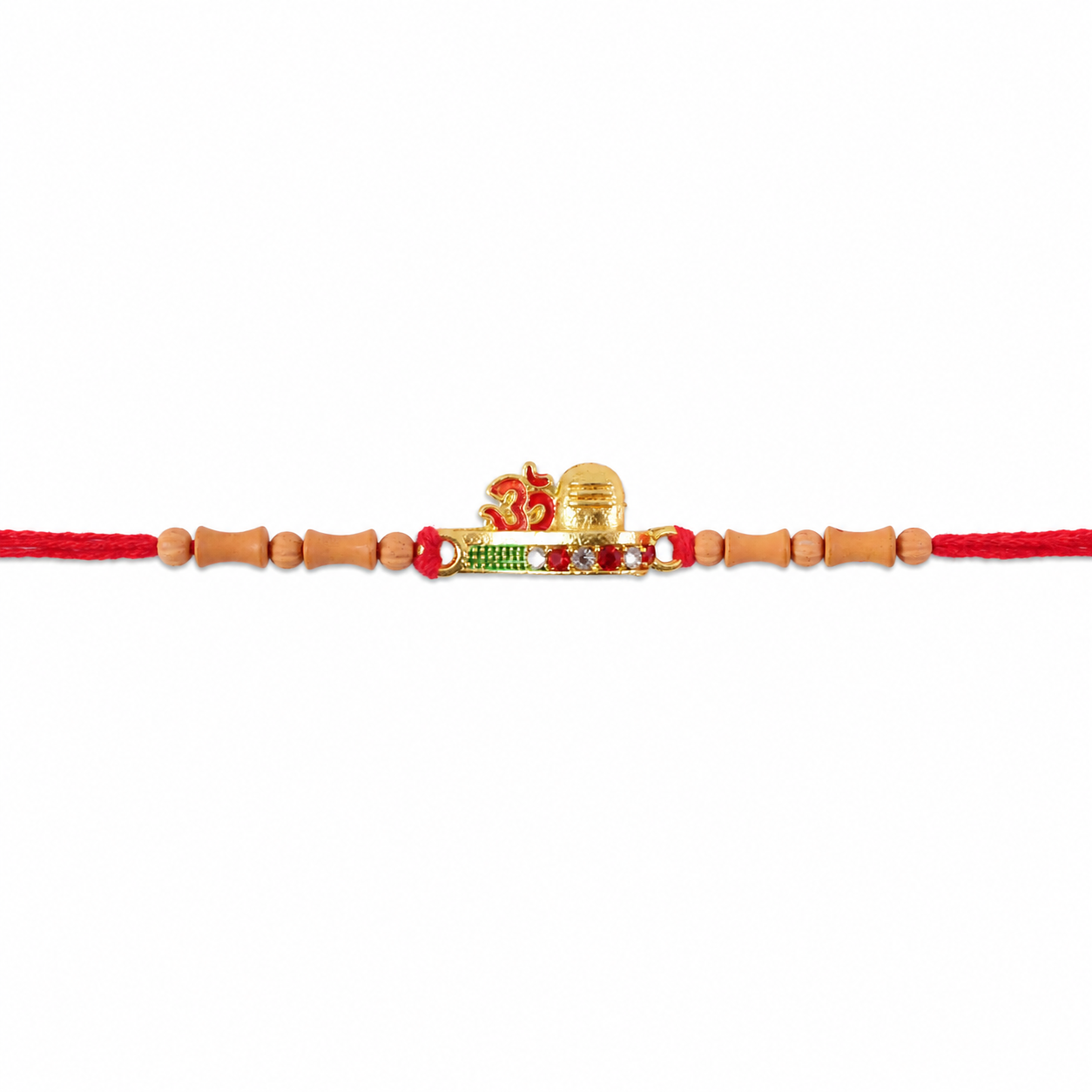 Detailed shot of the Om Rakhi's golden beads and sturdy thread for Raksha Bandhan.