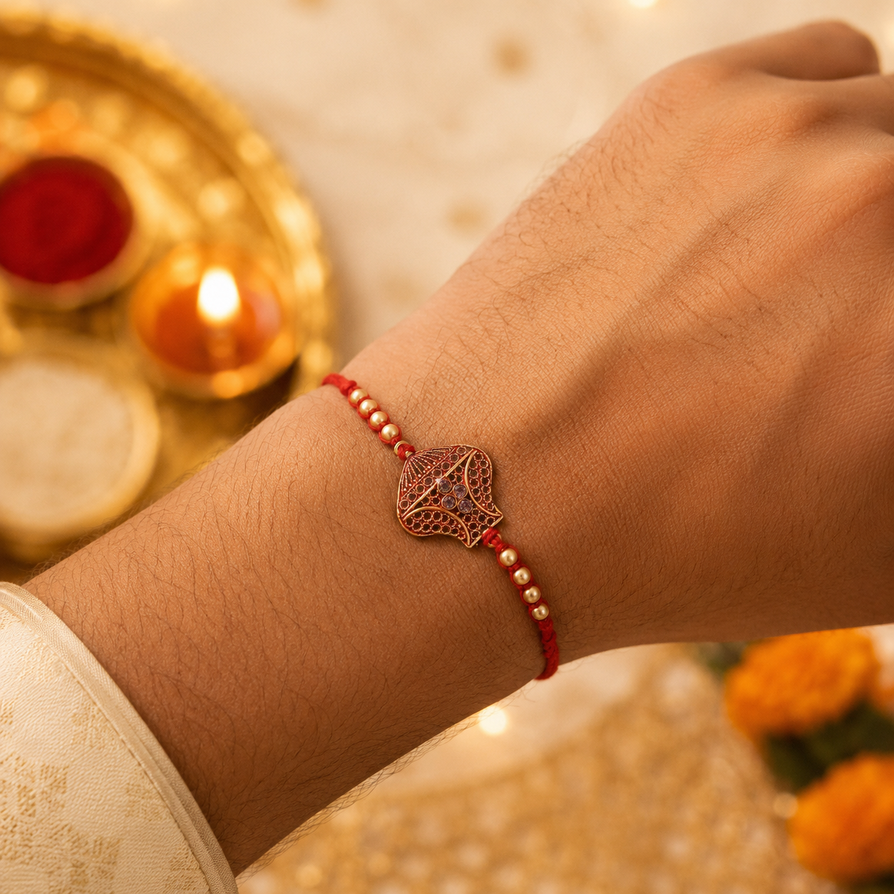 Elegant leaf-shaped jali design Rakhi for brother, festive gift.