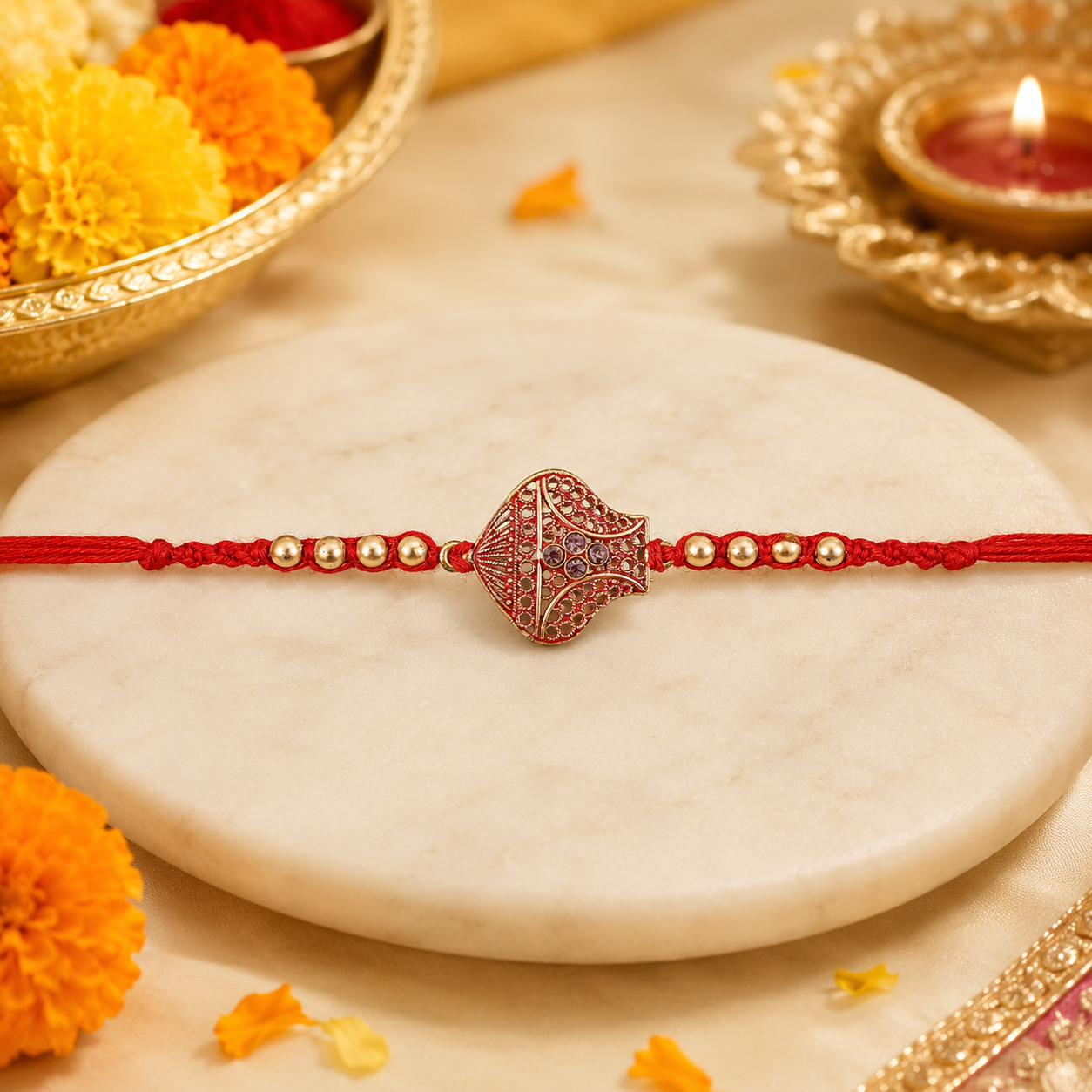 Traditional Rakhi with intricate leaf design, perfect for Rakshabandhan.