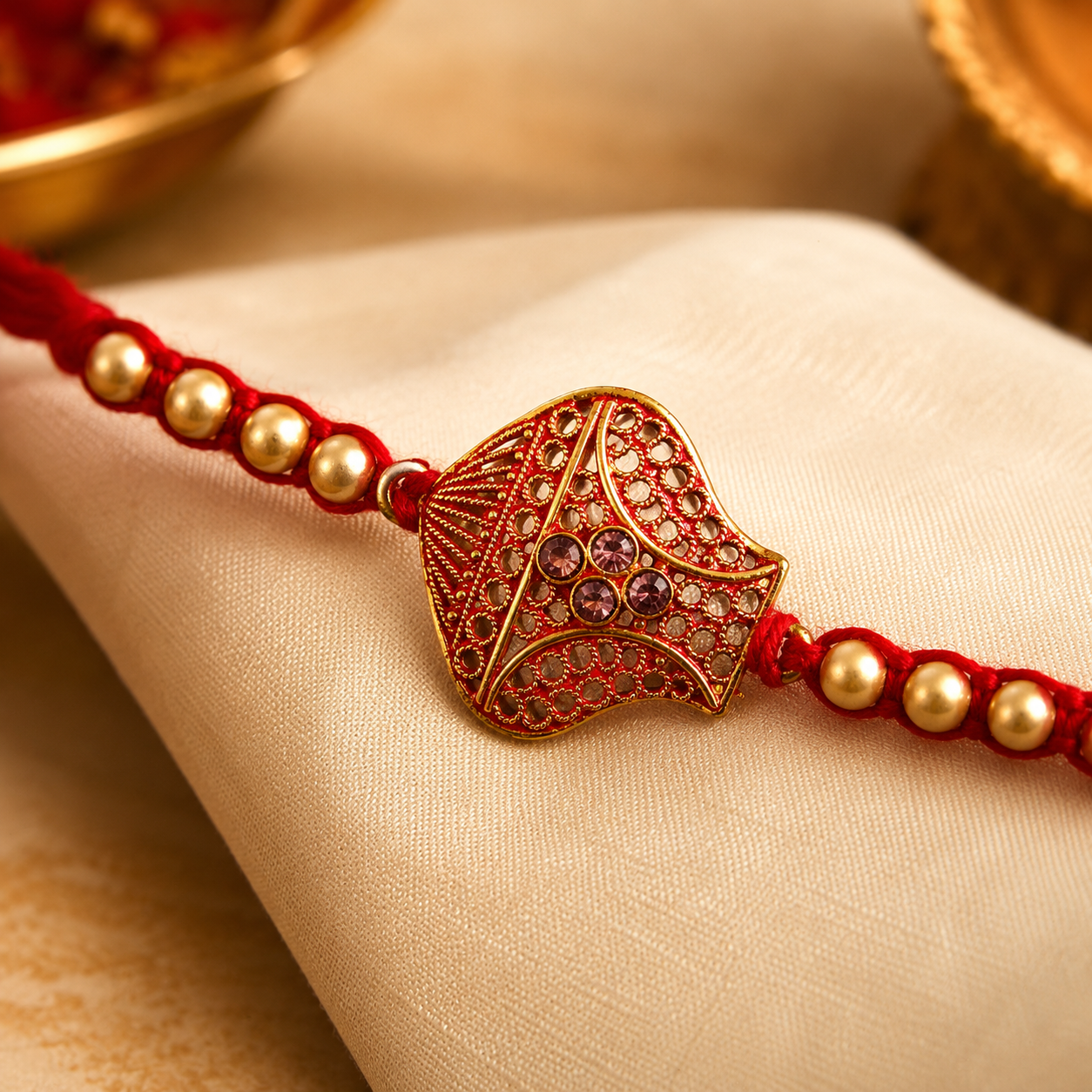 Overhead view of leaf-shaped Rakhi, ready for gifting.