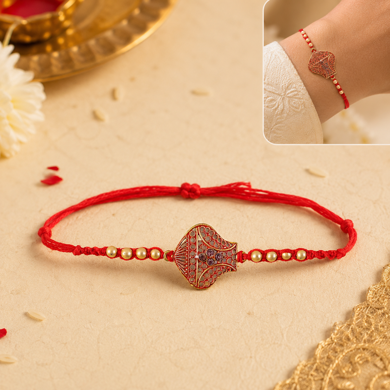 Close-up of the antique leaf jali Rakhi with golden beads.