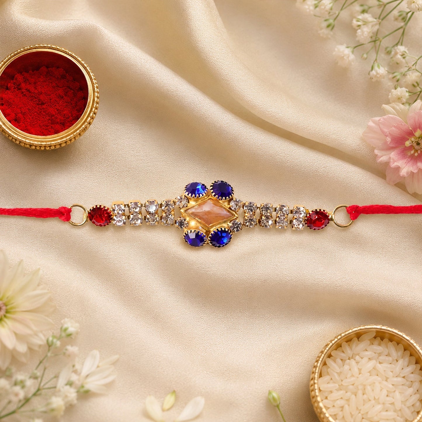 Royal blue and white AD Stone Rakhi tied on a brother's wrist.