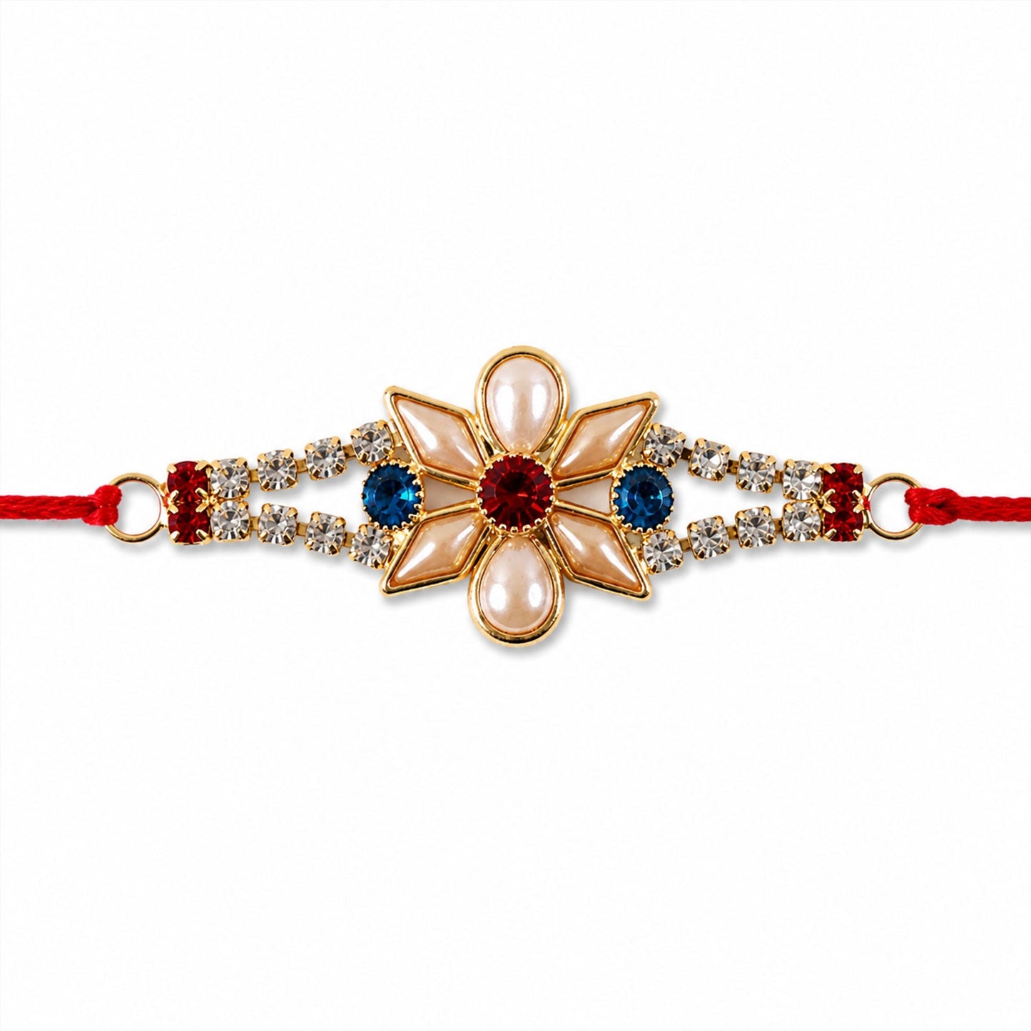 Angle shot of the Pearl Flower Rakhi emphasizing its premium finish.
