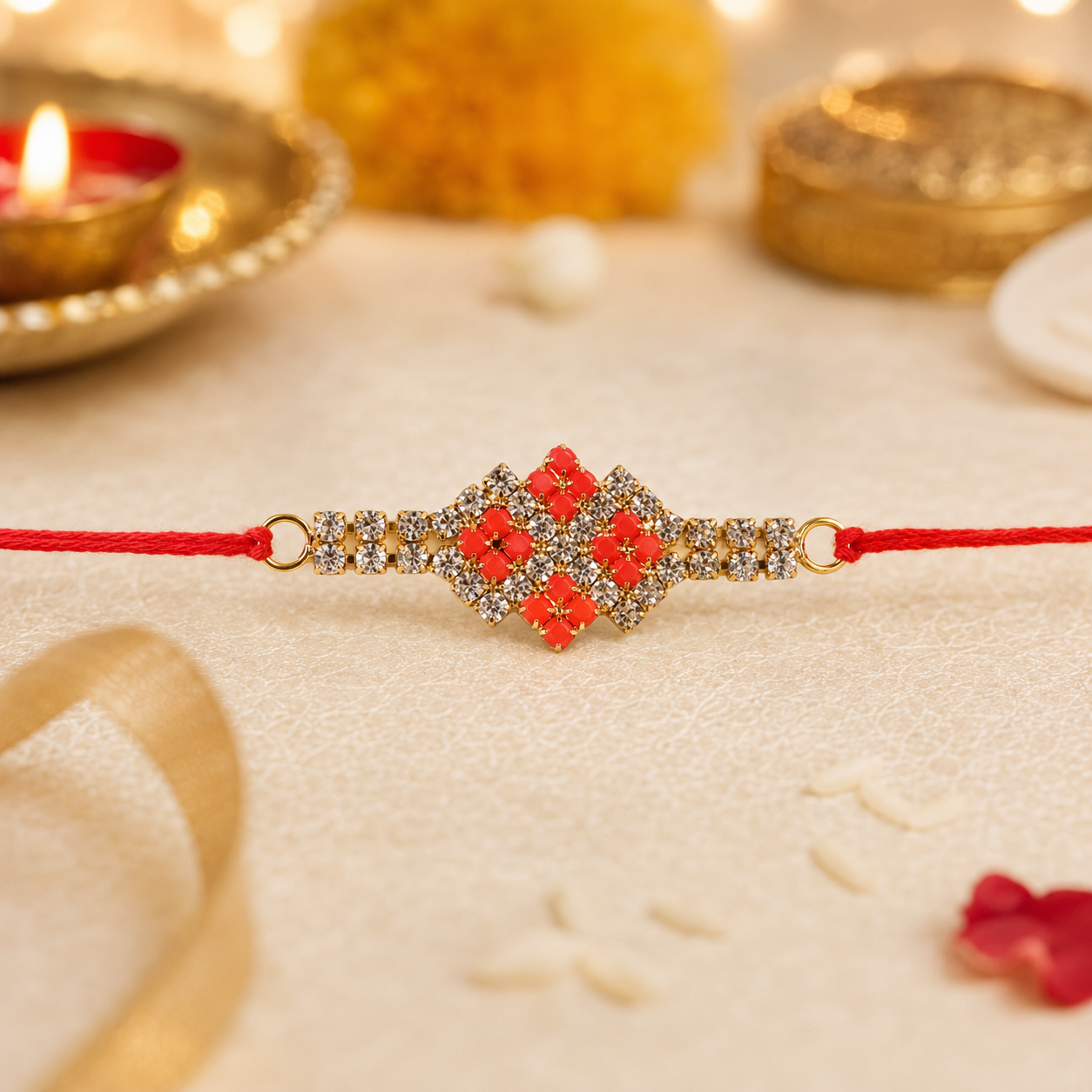 Showcase of sparkling red stones on the rakhi.