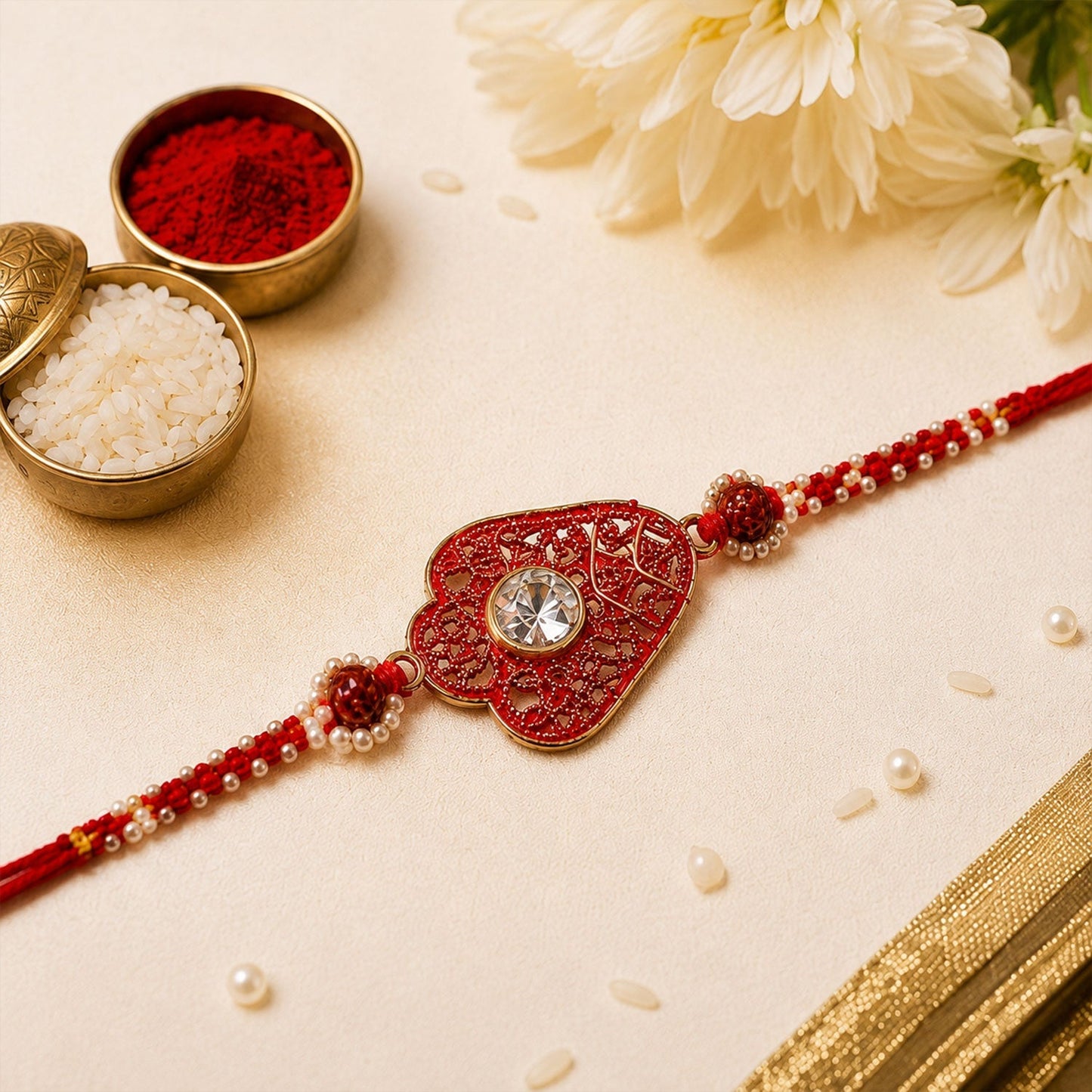 Side view of designer Rakhi, highlighting pearls and AD stones.