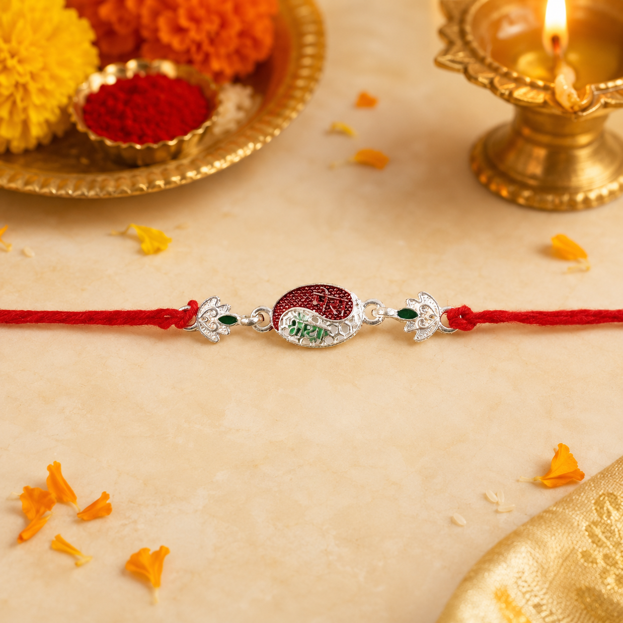 Close-up of vibrant Meenakari enamel work on the silver Rakhi for brother.